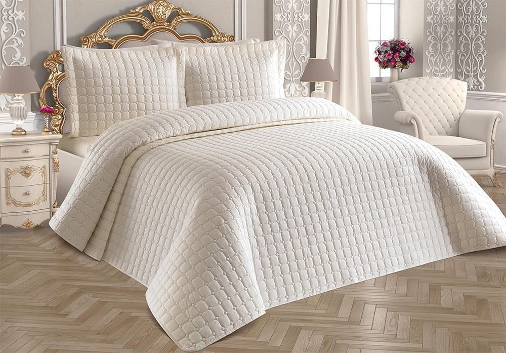 Set cuvertura pat dublu ESTIVA, crem, bumbac, 250x260 cm, cu 2 fete de perna