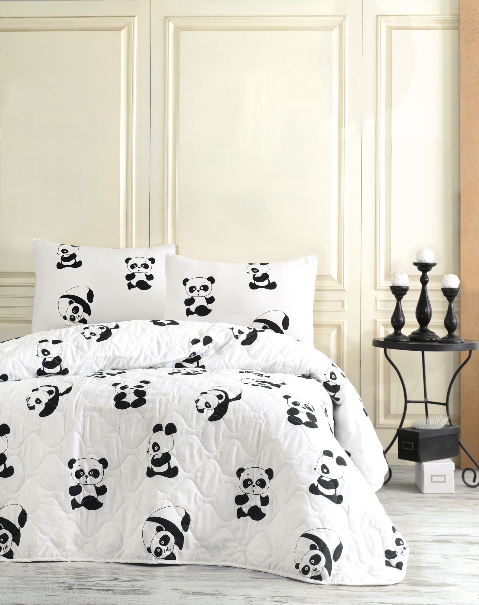 Set cuvertura pat dublu PANDA, alb/negru, bumbac/poliester, 200x220 cm, cu 2 fete de perna