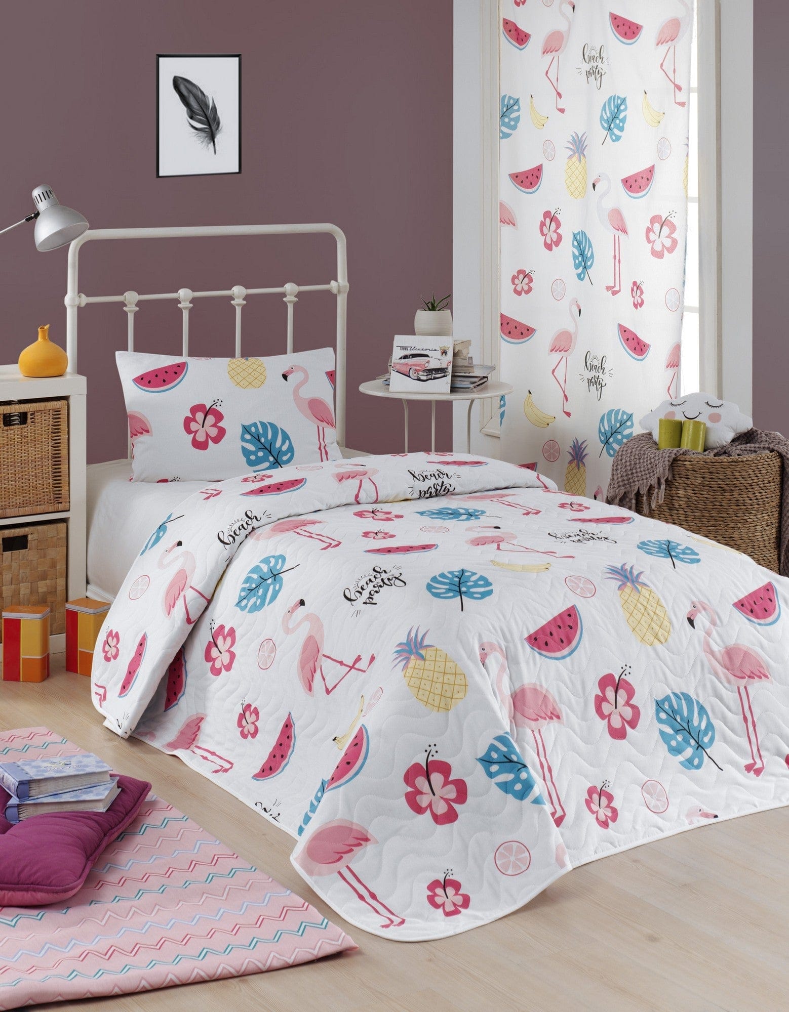 Set cuvertura pat KOKTEYL, alb, bumbac/poliester, 160x220 cm, cu fata de perna