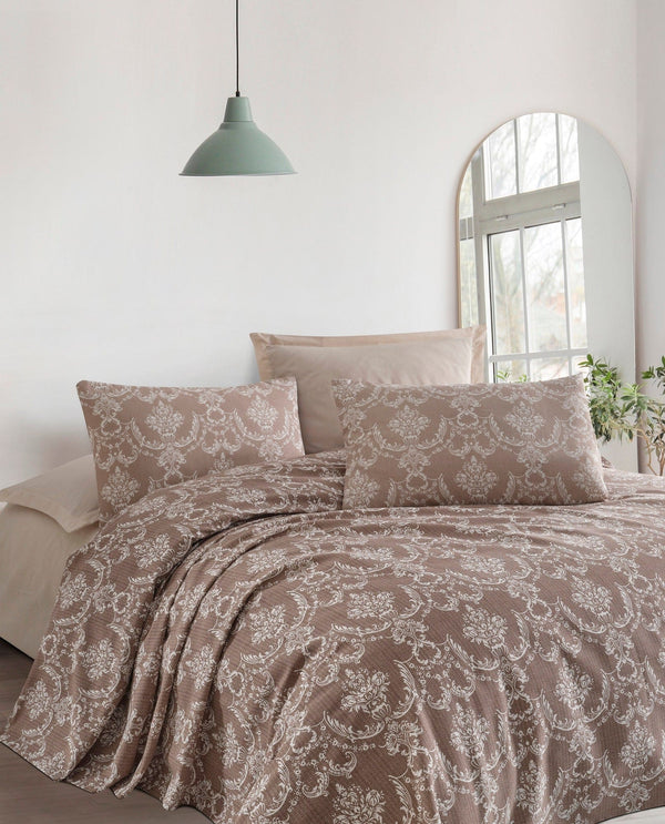 Set cuvertura pat PURE, maro, bumbac, 160x235 cm, cu cearsaf si fata de perna