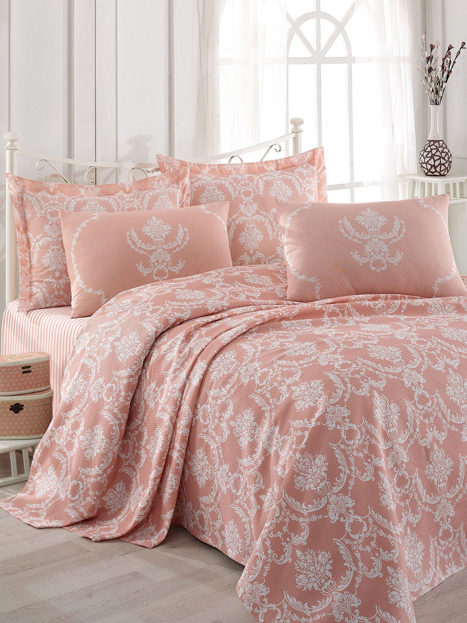 Set cuvertura pat PURE, roz/alb, bumbac, 160x235 cm, cu cearceaf si fata de perna