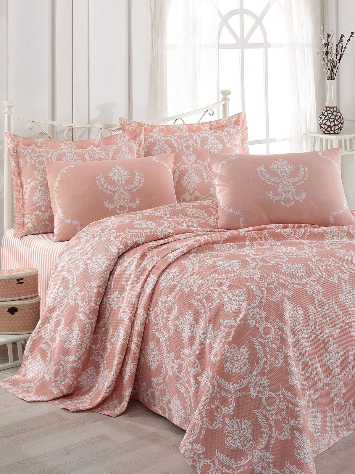 Set cuvertura pat PURE, roz/alb, bumbac, 160x235 cm, cu cearceaf si fata de perna