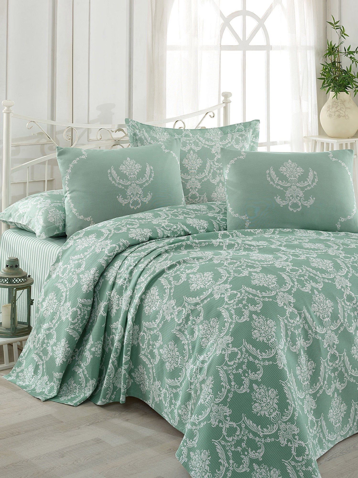 Set cuvertura pat PURE, verde, bumbac, 160x235 cm, cu fata de perna