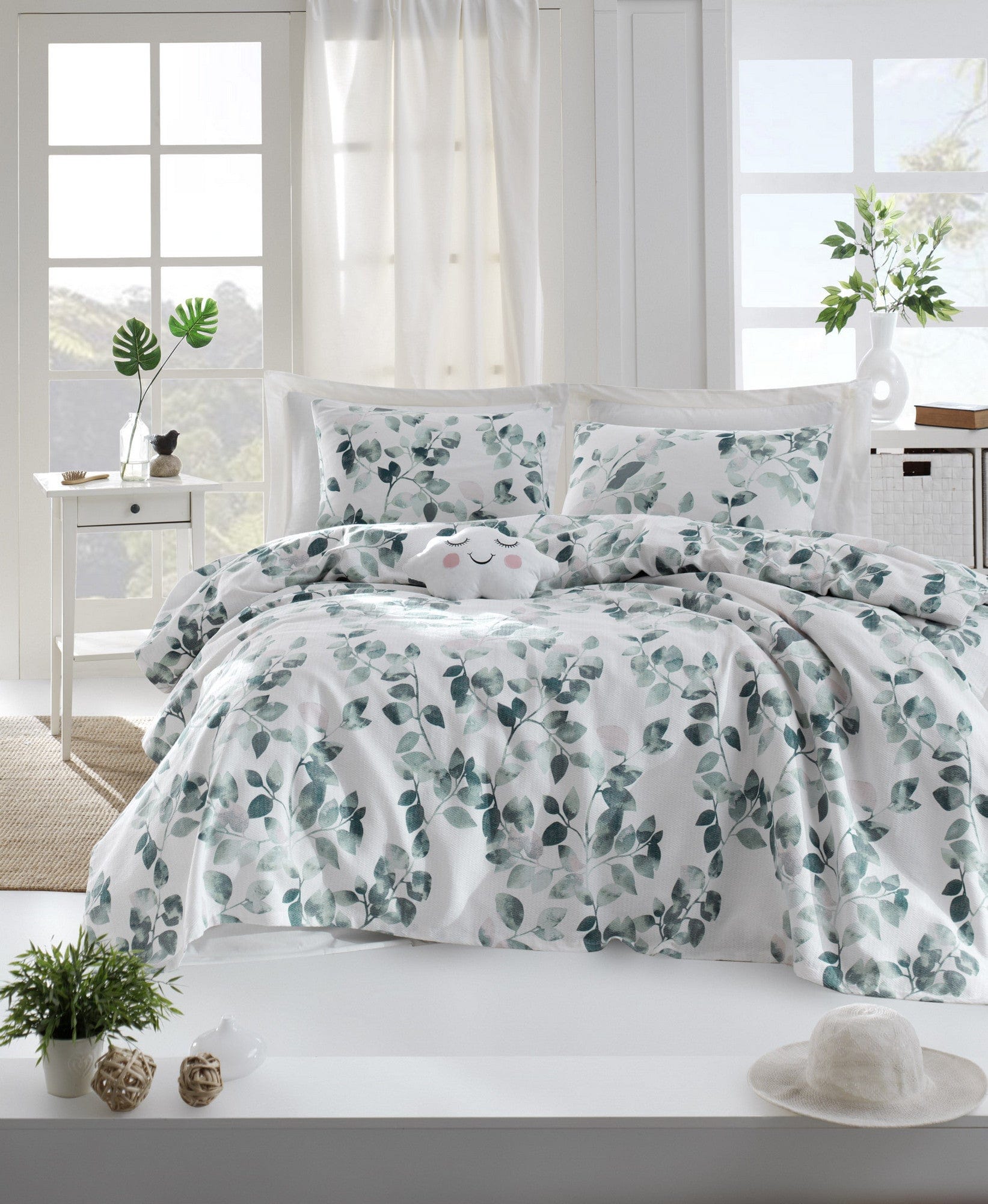 Set cuvertura pat SABINE, alb/verde, bumbac, 160x235 cm, cu cearceaf si fata de perna
