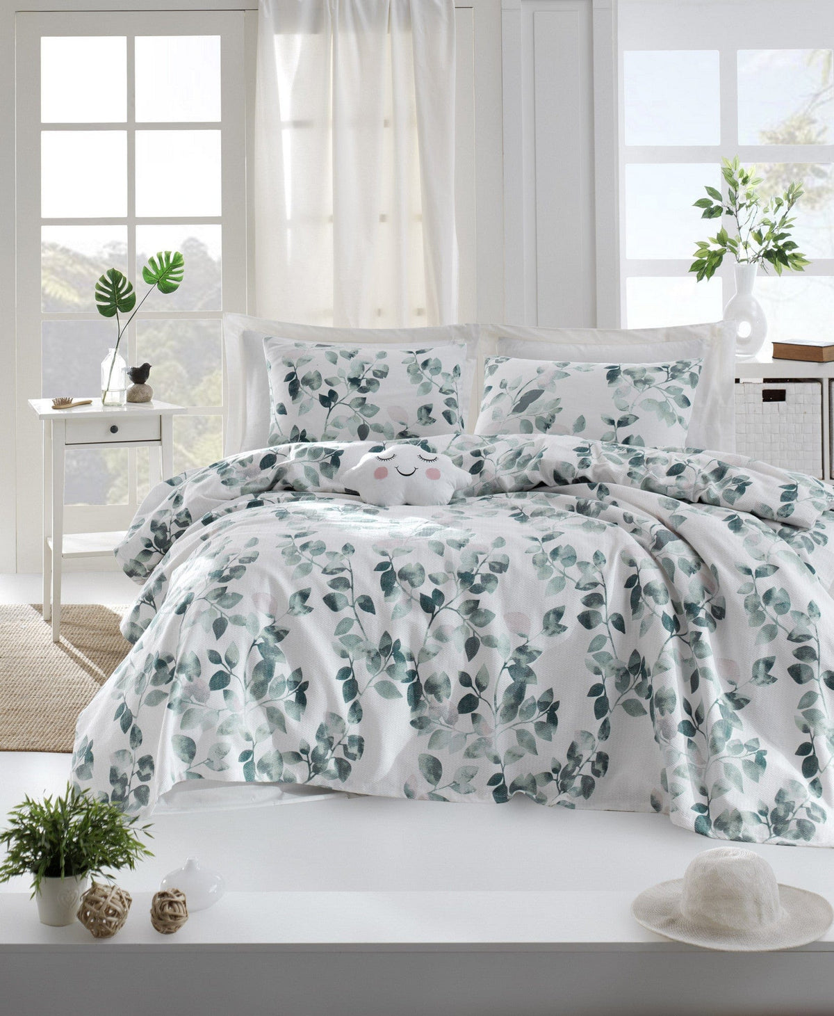 Set cuvertura pat SABINE, alb/verde, bumbac, 160x235 cm, cu cearceaf si fata de perna