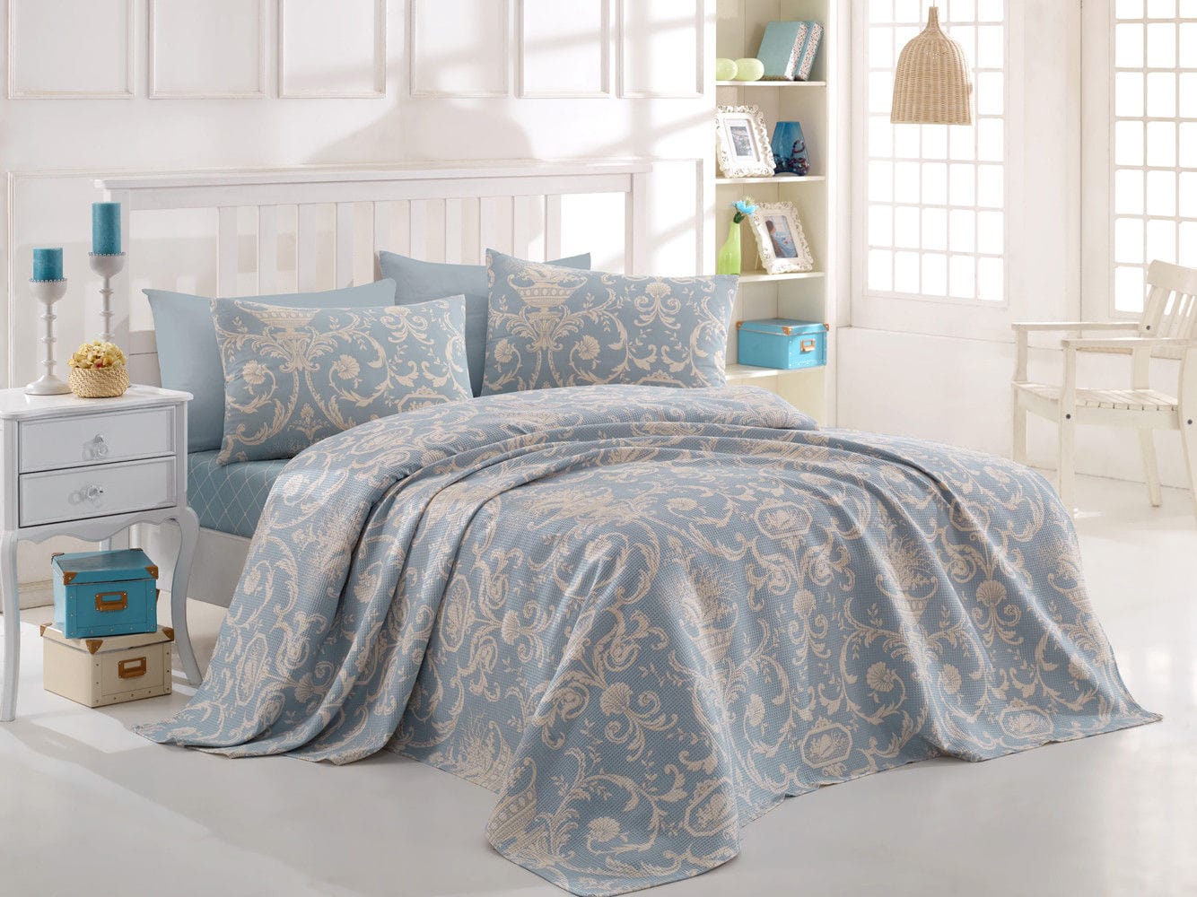 Set cuvertura pat TUVAL, albastru, bumbac, 160x230 cm, cu fata de perna