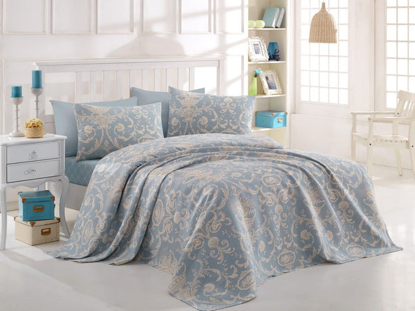 Set cuvertura pat TUVAL, albastru, bumbac, 160x230 cm, cu fata de perna