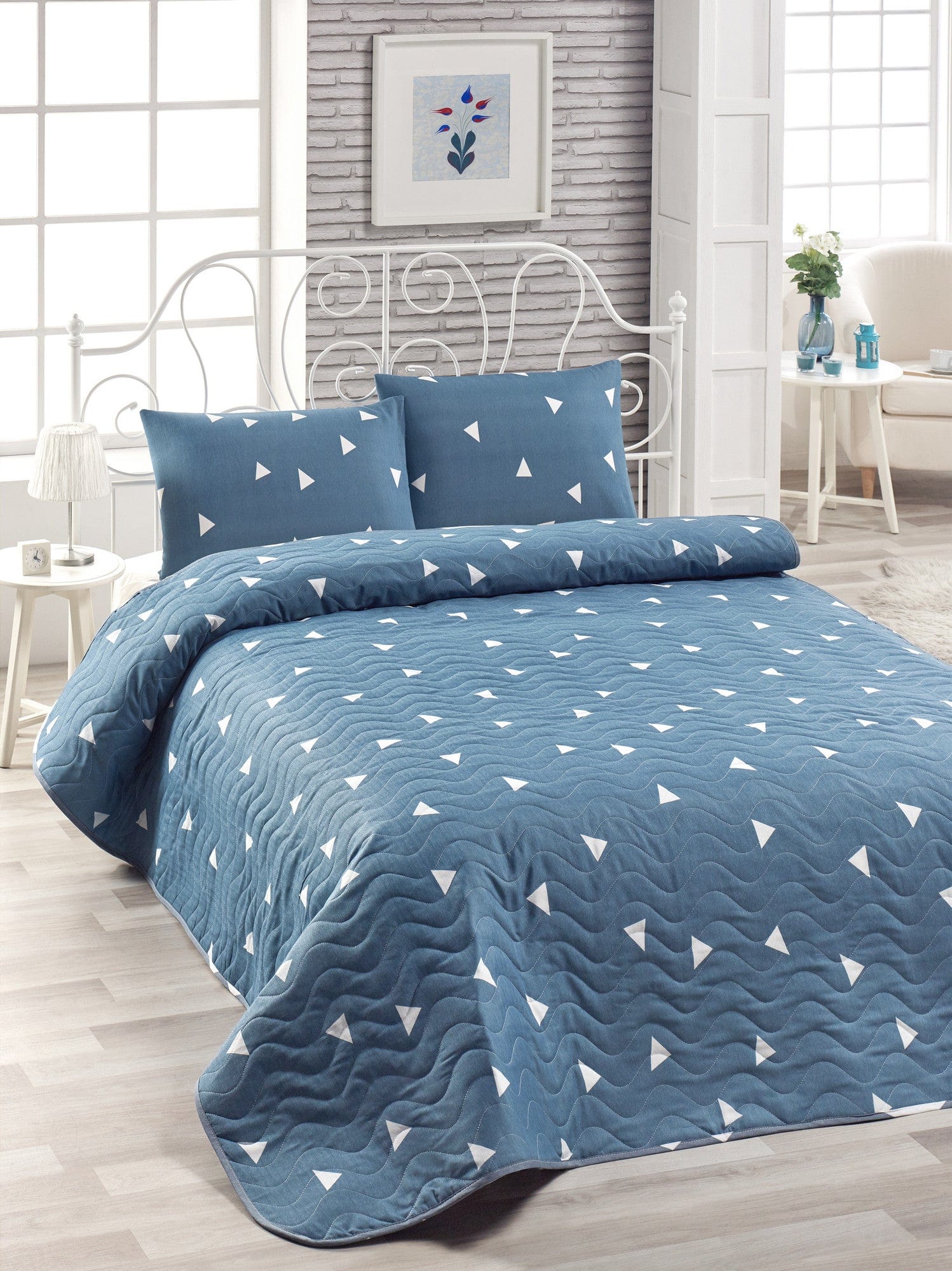 Set cuvertura pat UCGEN, albastru inchis, bumbac/poliester, 160x220 cm, cu fata de perna
