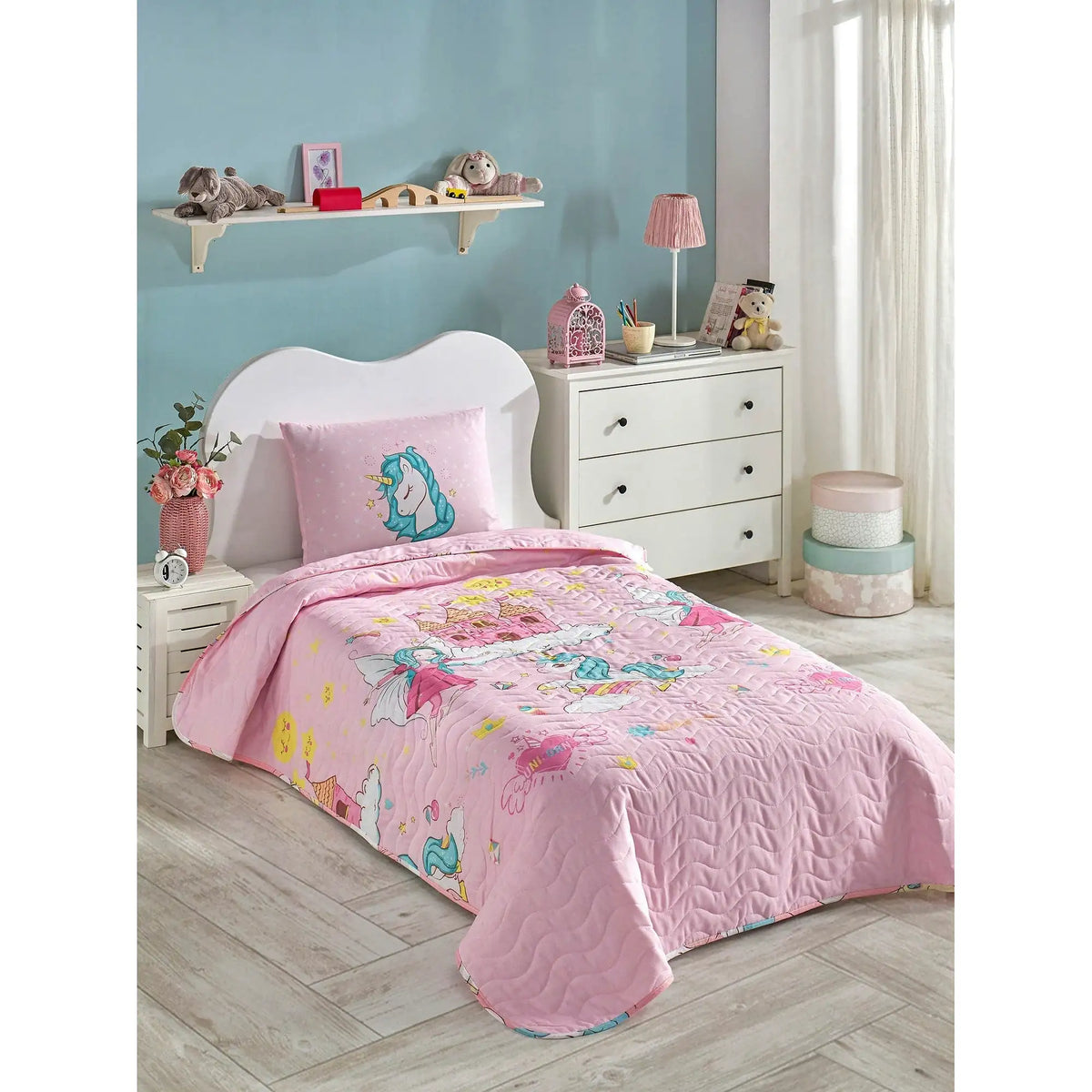 Set cuvertura pat UNICORN DREAMS, roz, bumbac/poliester, 160x220 cm, cu fata de perna