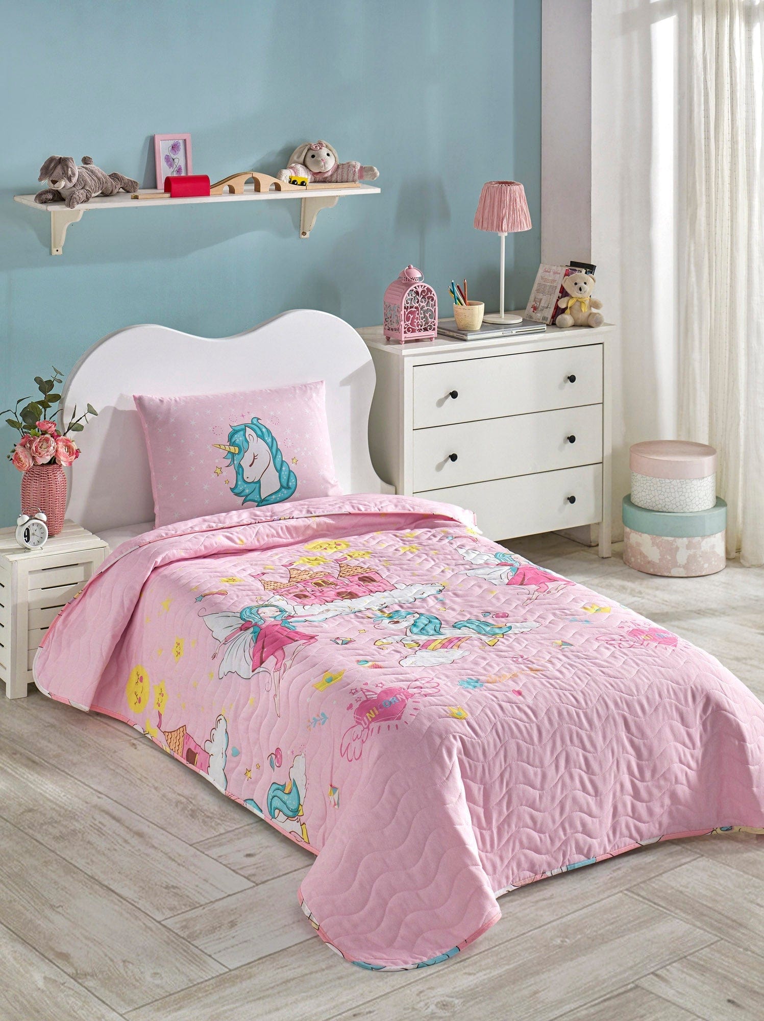 Set cuvertura pat UNICORN DREAMS, roz, bumbac/poliester, 160x220 cm, cu fata de perna