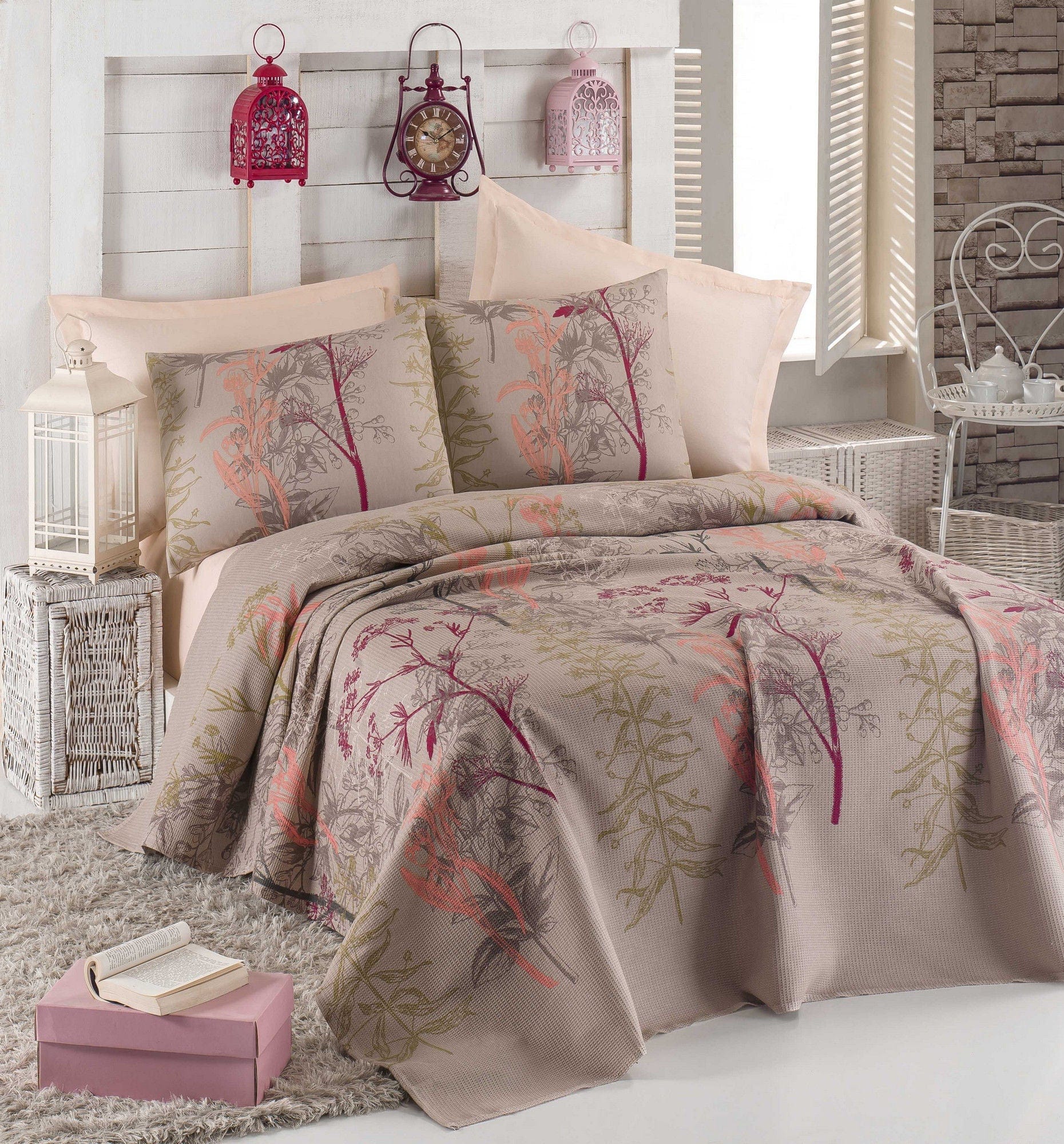 Set cuvertura pat URLA, bej, bumbac, 160x230 cm, cu fata de perna