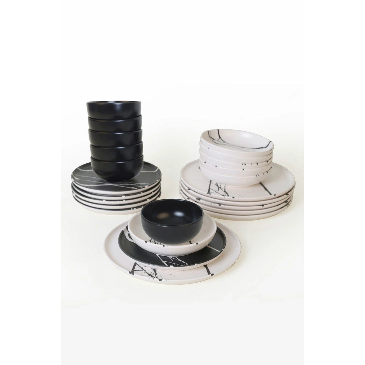 Set de cina 275KRM2337, 24 piese, alb/negru, ceramica