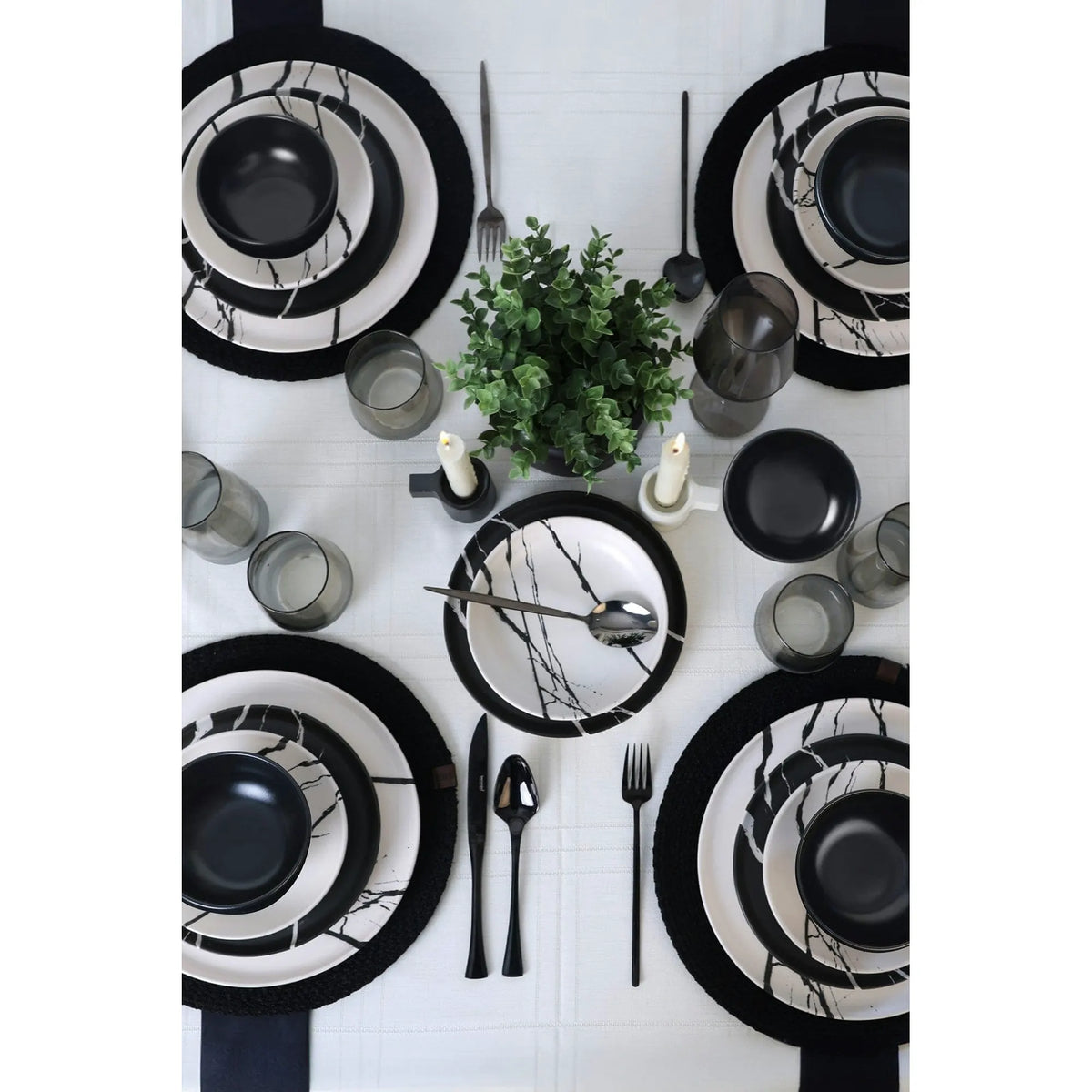 Set de cina 275KRM2337, 24 piese, alb/negru, ceramica