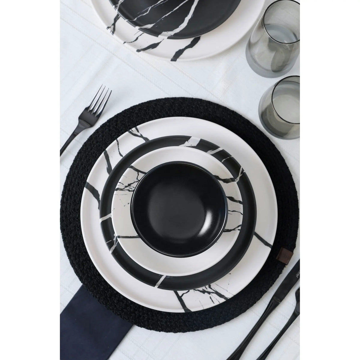 Set de cina 275KRM2337, 24 piese, alb/negru, ceramica
