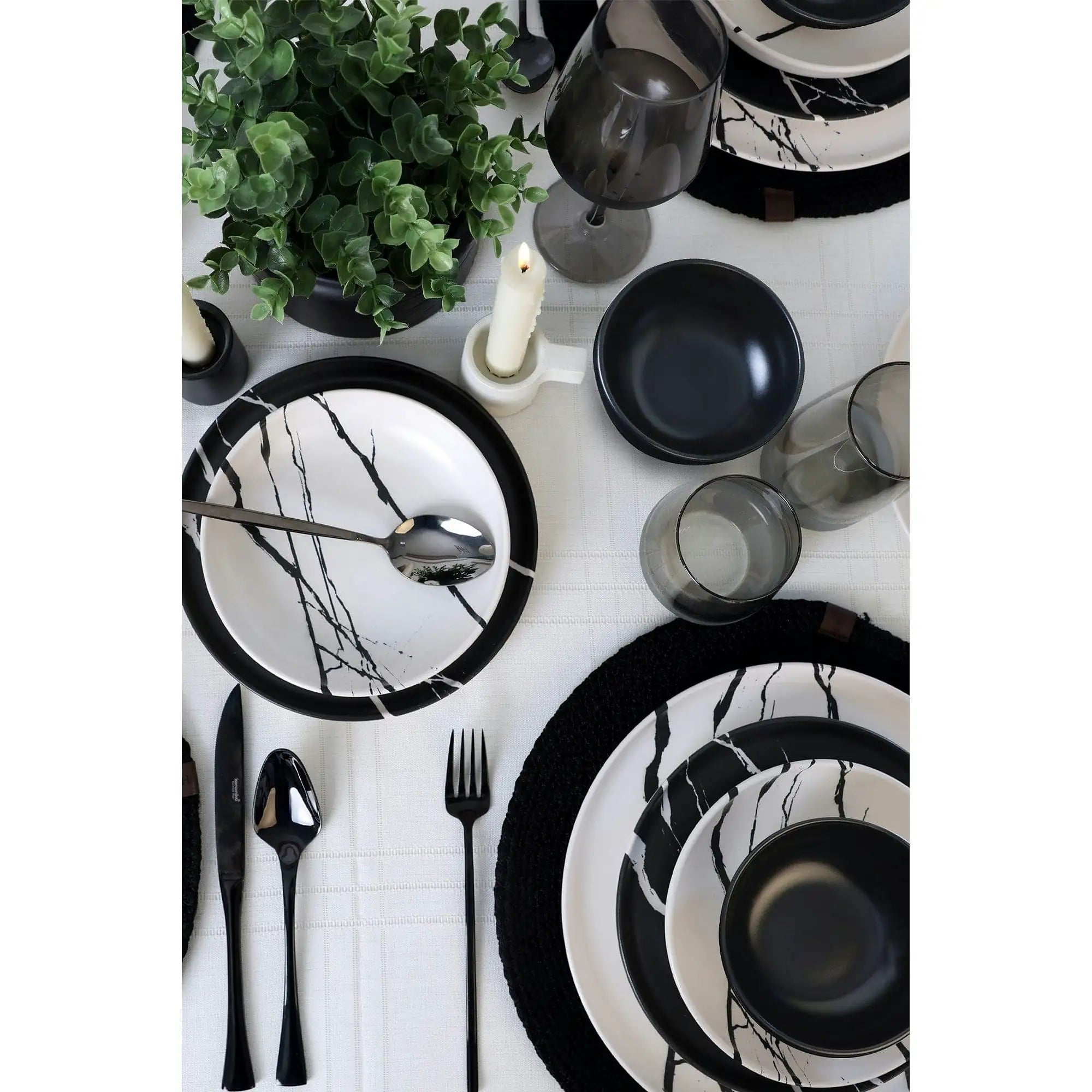 Set de cina 275KRM2337, 24 piese, alb/negru, ceramica