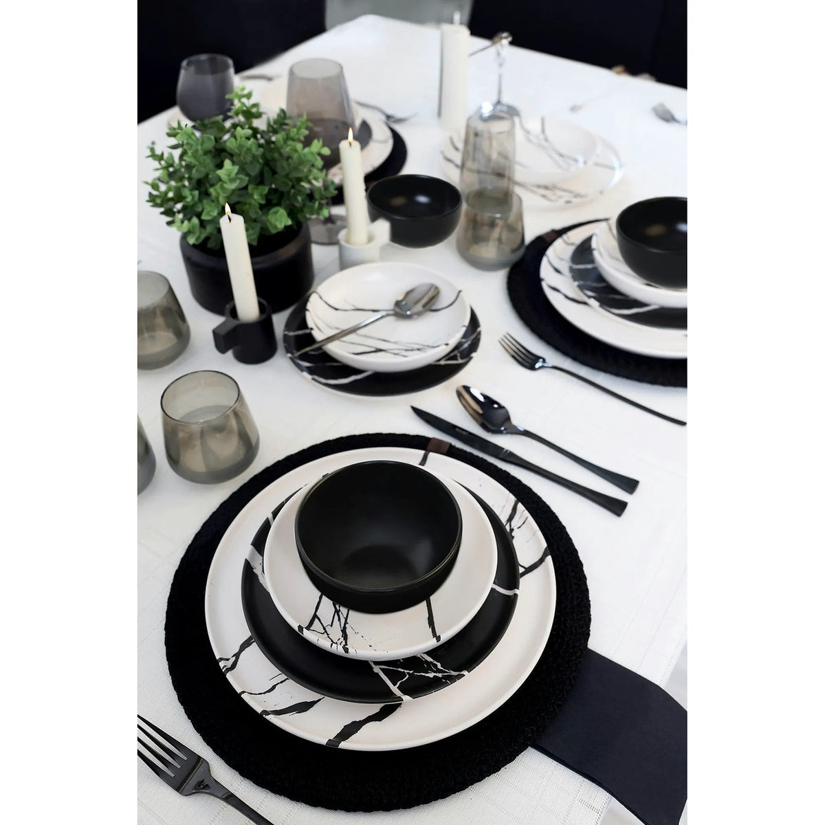 Set de cina 275KRM2337, 24 piese, alb/negru, ceramica