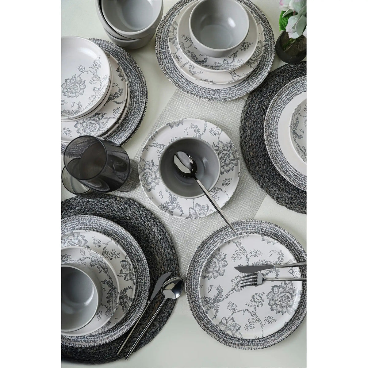Set de cina 275KRM2338, 24 piese, gri mat/alb, ceramica