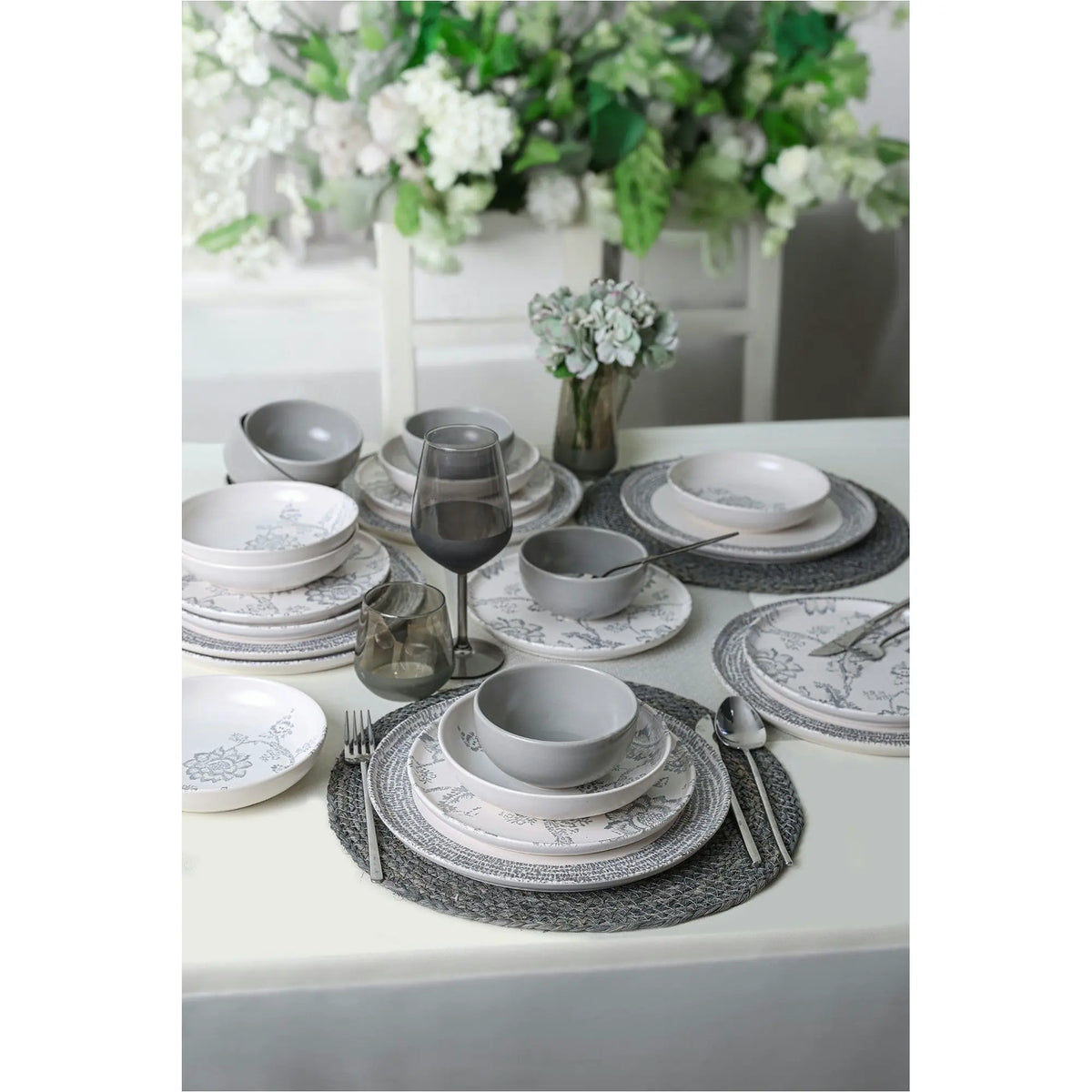 Set de cina 275KRM2338, 24 piese, gri mat/alb, ceramica