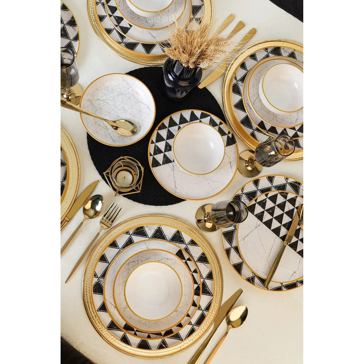 Set de cina 275KRM2339, 24 piese, alb/negru, ceramica