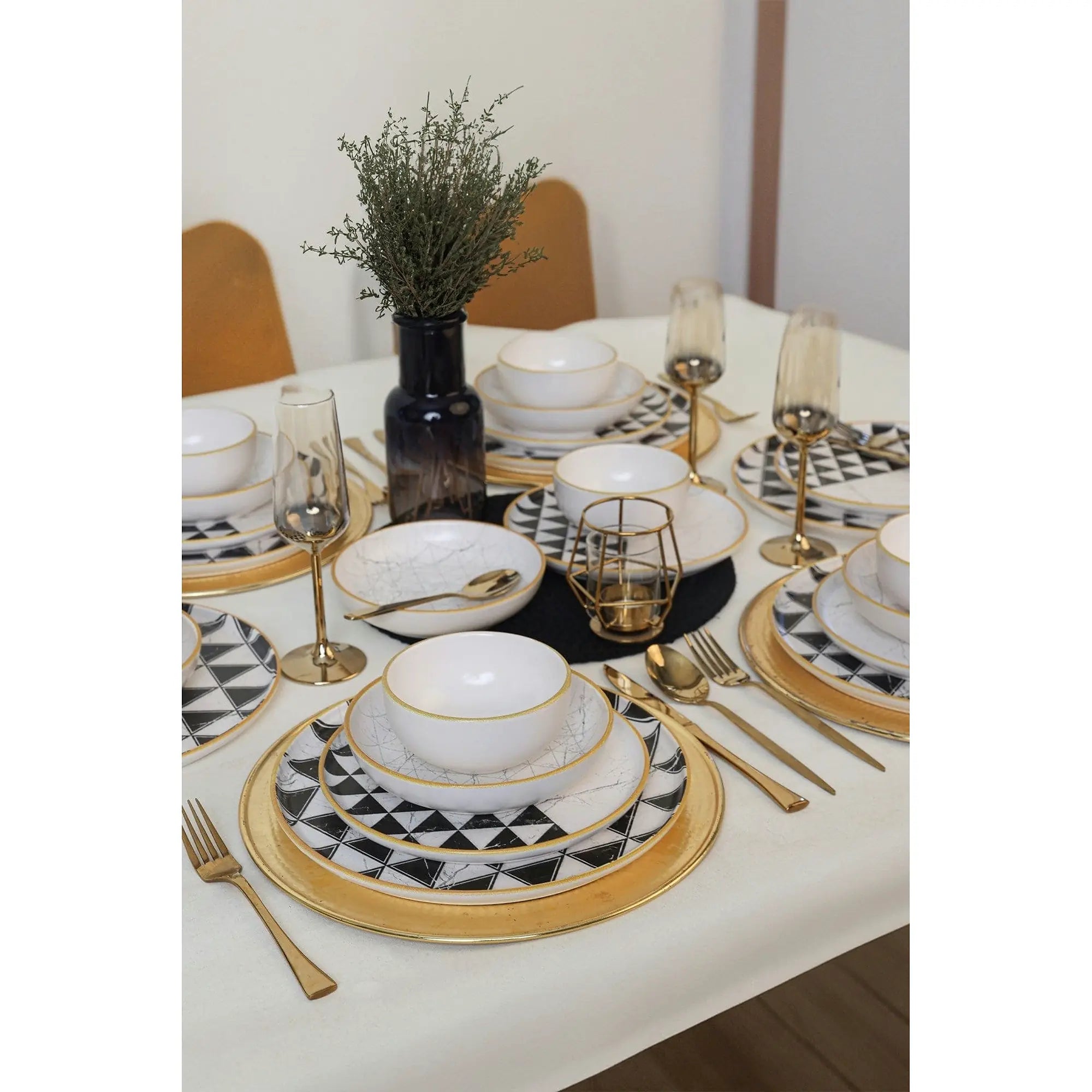Set de cina 275KRM2339, 24 piese, alb/negru, ceramica