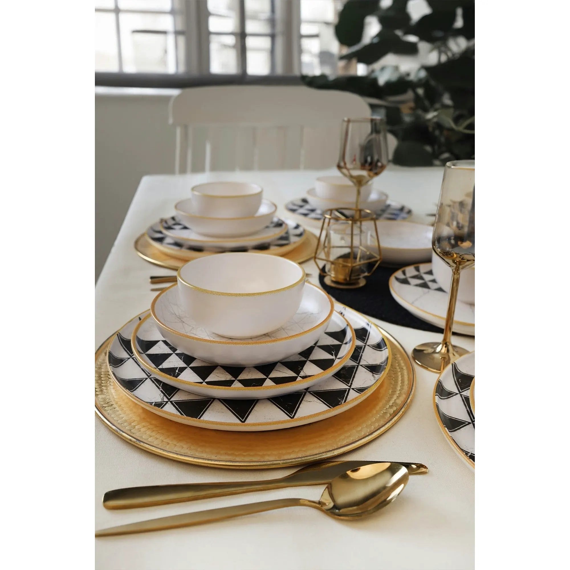 Set de cina 275KRM2339, 24 piese, alb/negru, ceramica
