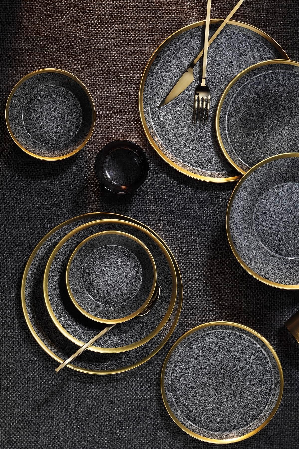 Set de cina 719KTP9735, 8 piese, gri inchis/auriu, portelan
