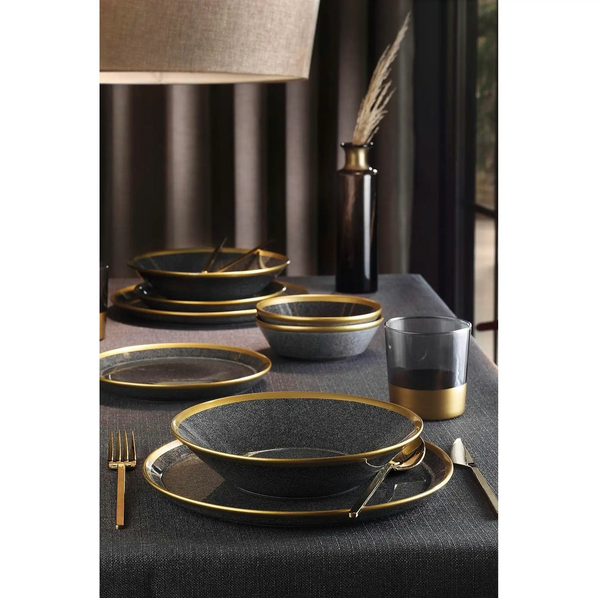 Set de cina 719KTP9735, 8 piese, gri inchis/auriu, portelan