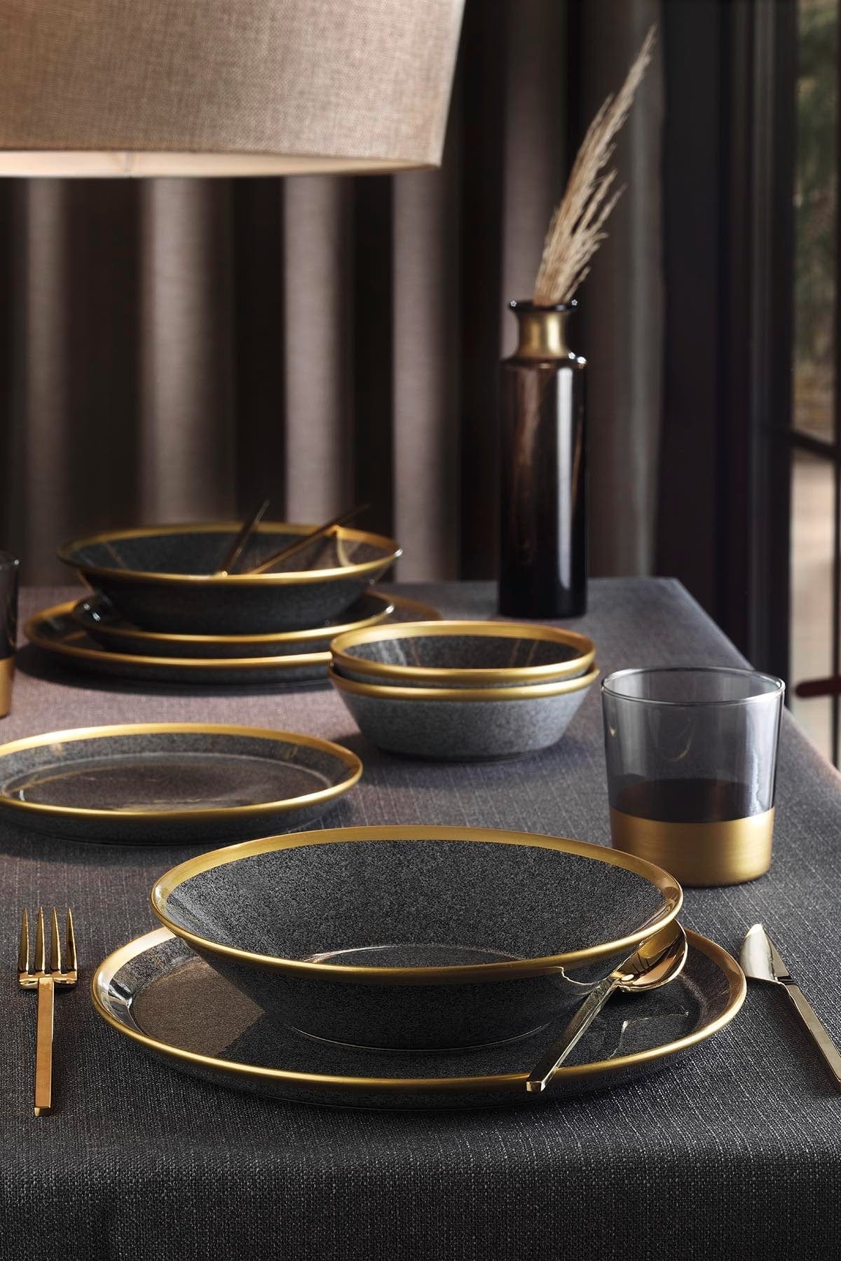 Set de cina 719KTP9735, 8 piese, gri inchis/auriu, portelan