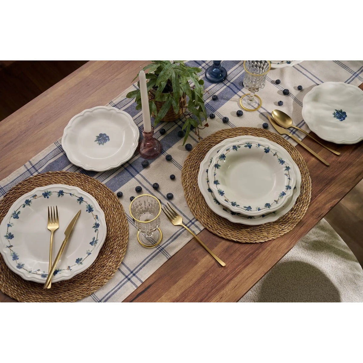 Set de cină ALBASTRUBERRY, 24 piese, alb/albastru/verde, porțelan