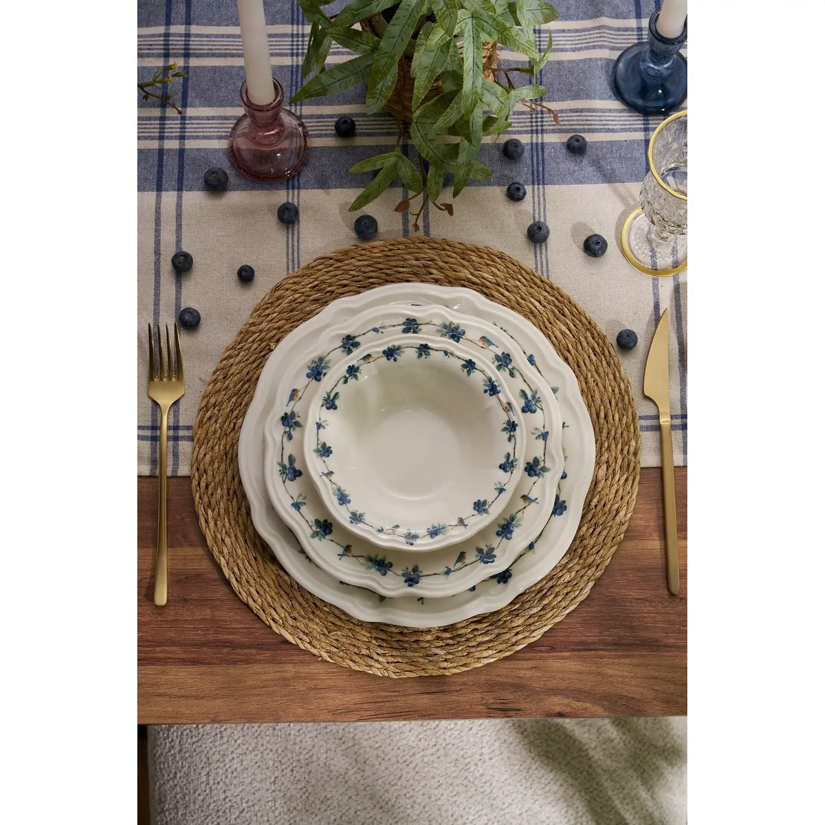 Set de cină ALBASTRUBERRY, 24 piese, alb/albastru/verde, porțelan