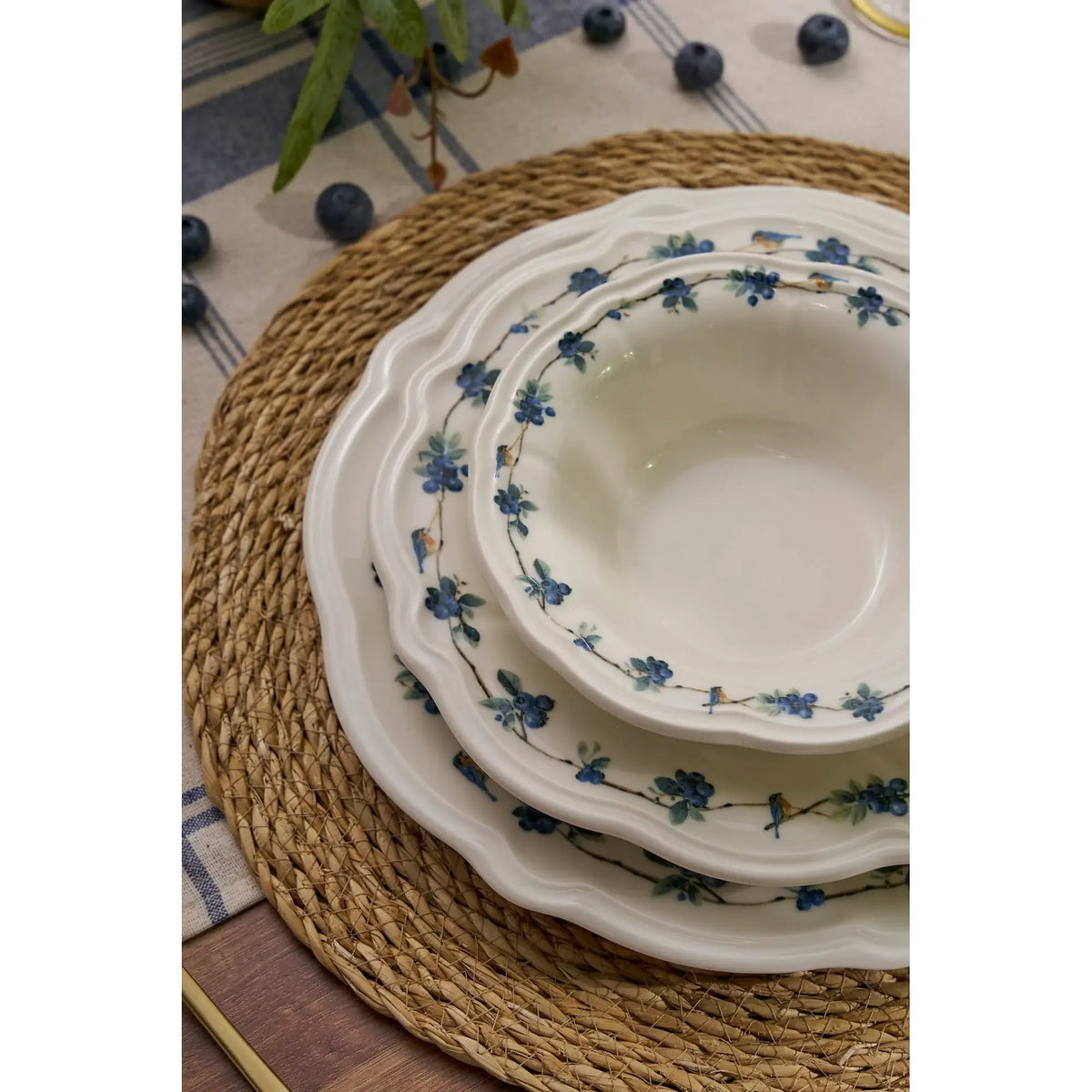 Set de cină ALBASTRUBERRY, 24 piese, alb/albastru/verde, porțelan