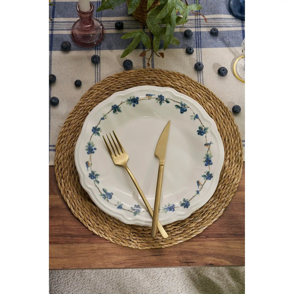 Set de cină ALBASTRUBERRY, 24 piese, alb/albastru/verde, porțelan