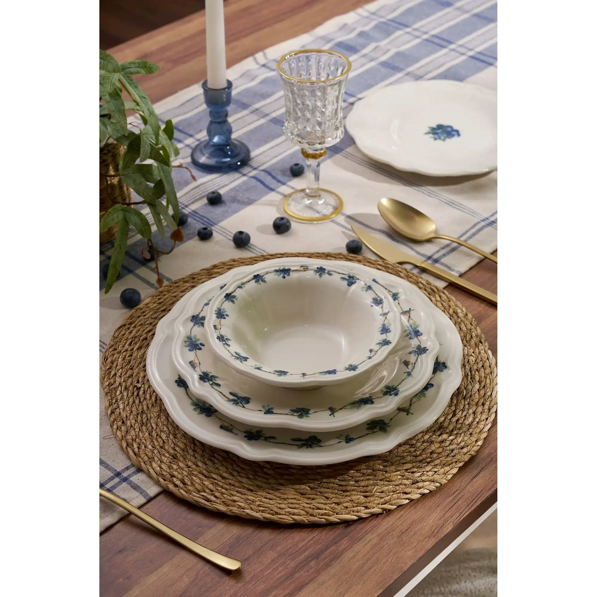 Set de cină ALBASTRUBERRY, 24 piese, alb/albastru/verde, porțelan