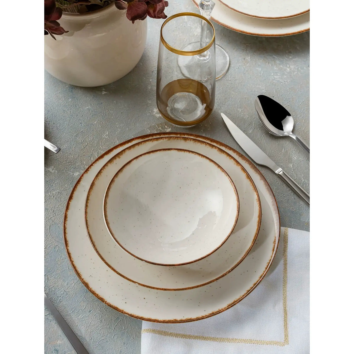 Set de cină GBSATN24KY458KH, 24 piese, alb/maro, porțelan