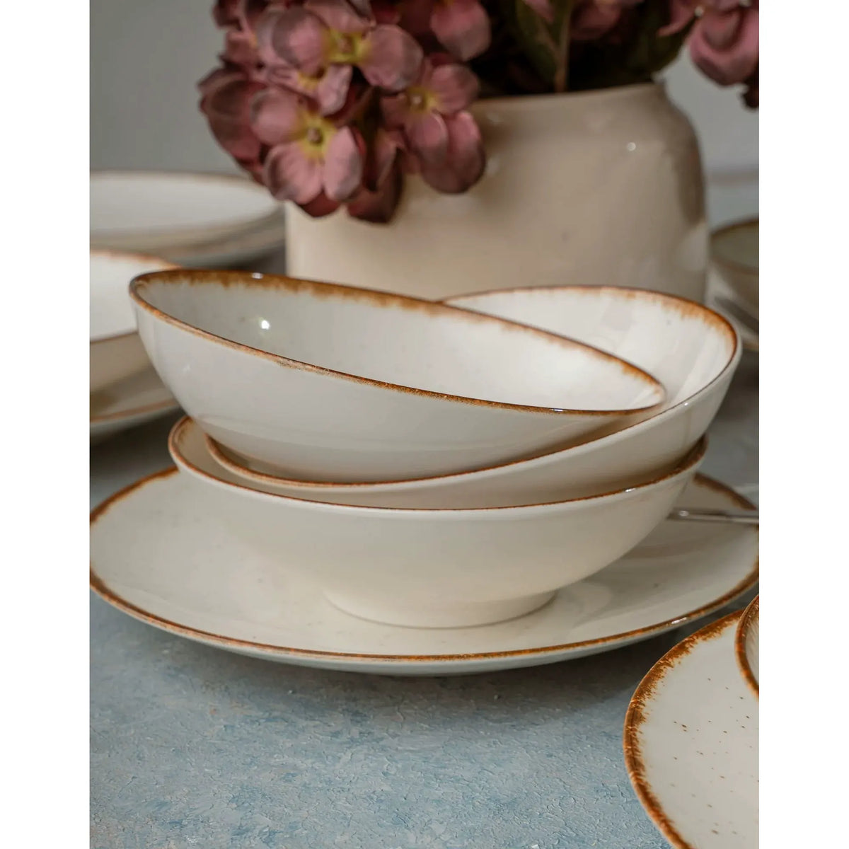 Set de cină GBSATN24KY458KH, 24 piese, alb/maro, porțelan