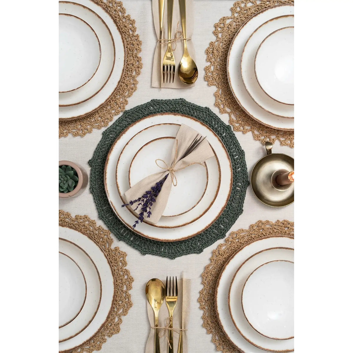 Set de cină GBSATN24KY458KH, 24 piese, alb/maro, porțelan