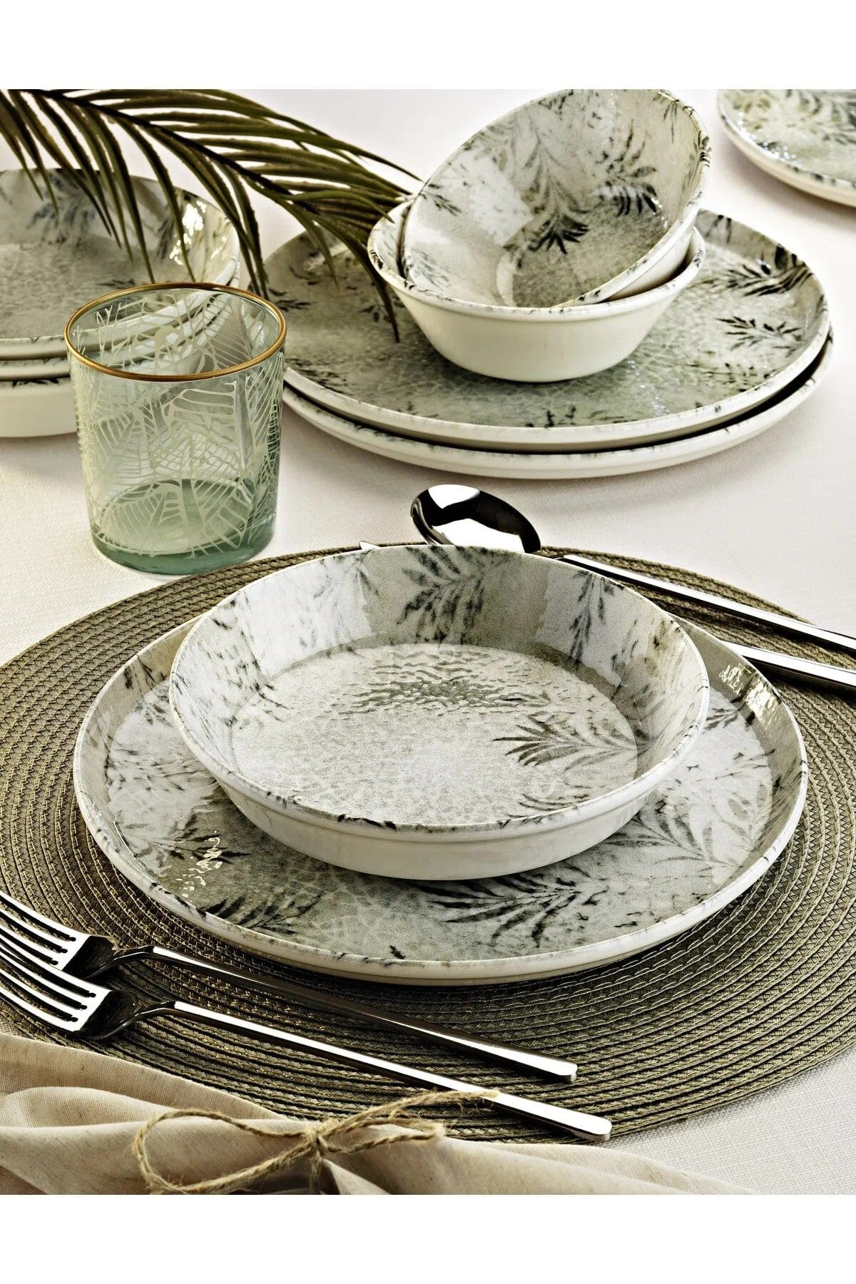 Set de cina MCH-06-12-PRC, 12 piese, alb/verde, portelan