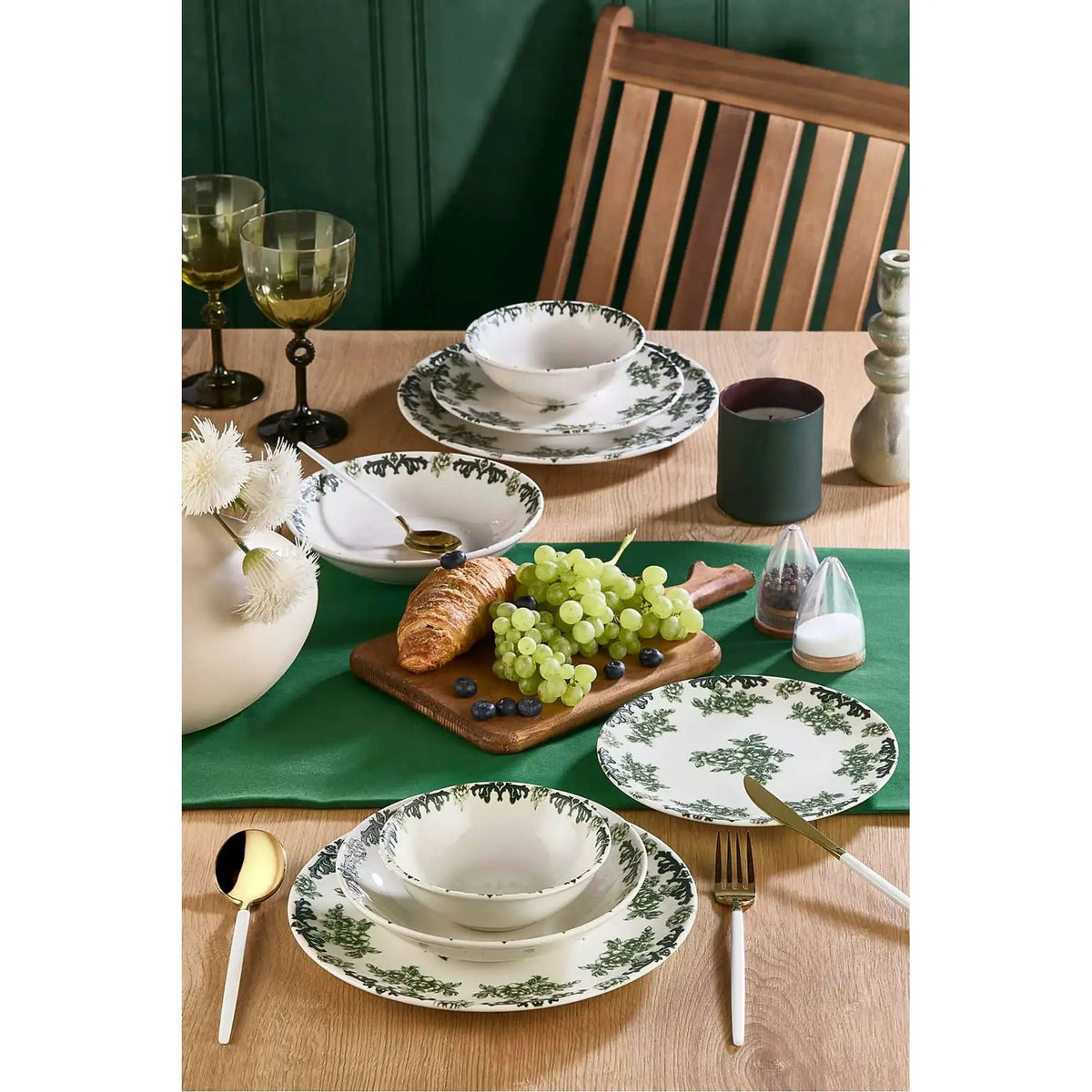 Set de cină MCH0011192, 24 piese, kaki/mentă, porțelan