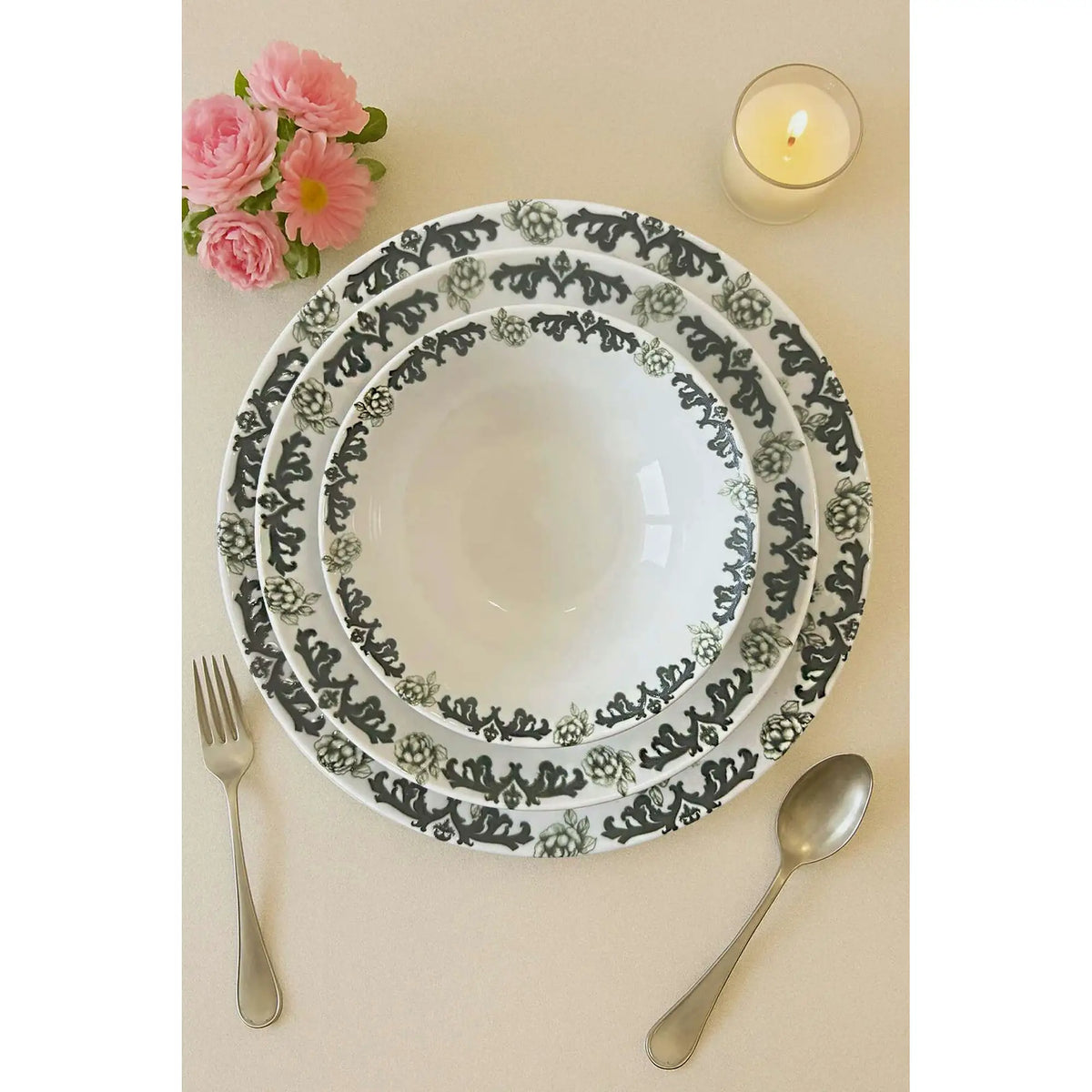 Set de cină MCH0011192, 24 piese, kaki/mentă, porțelan