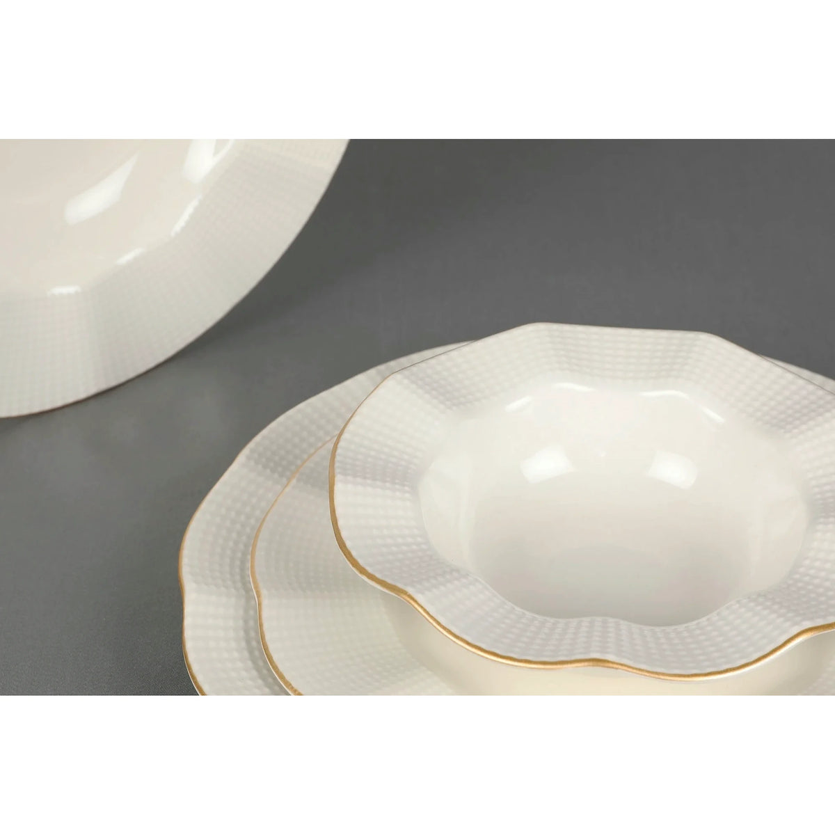Set de cină MLN24Y2694R520, 24 piese, crem/auriu, porțelan
