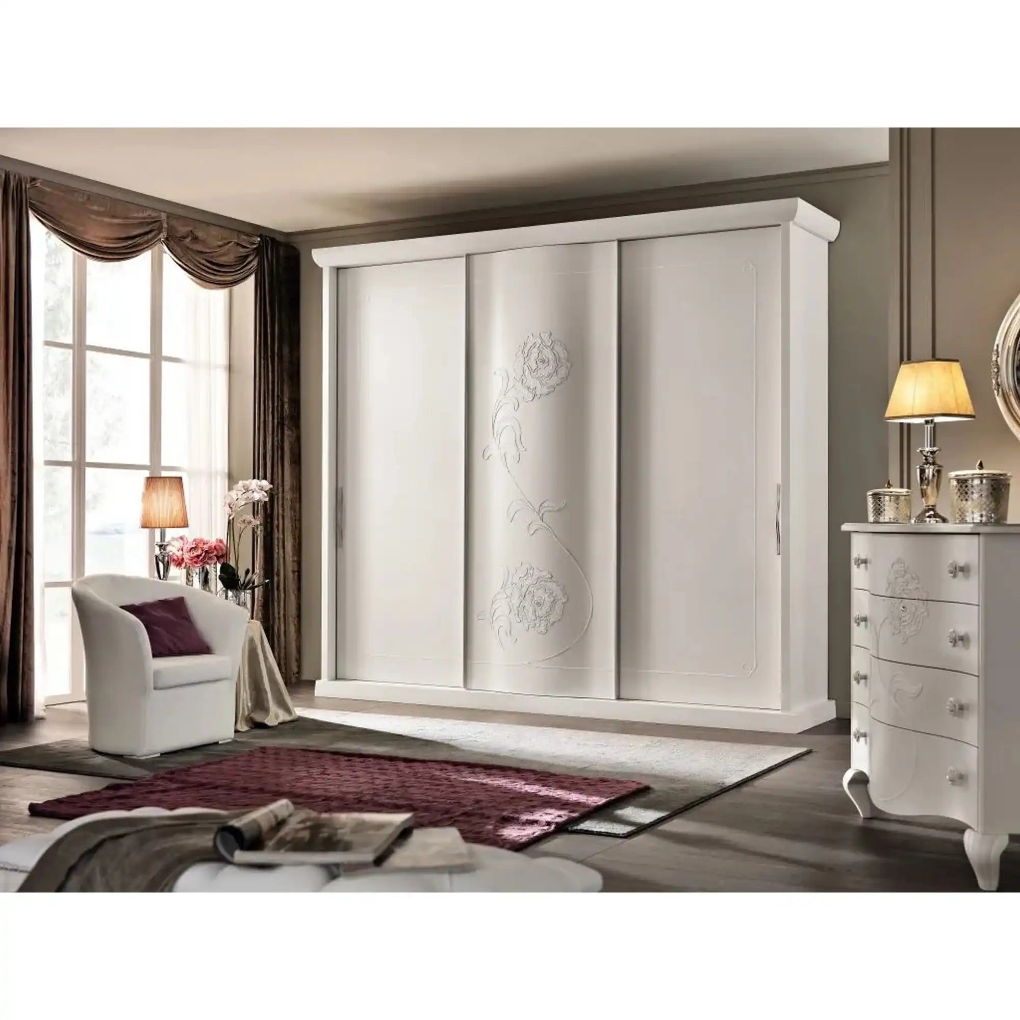 Set dormitor BRIGITTE, alb, cadru pat 160x200 cm, dressing, 2 noptiere, comoda si oglinda