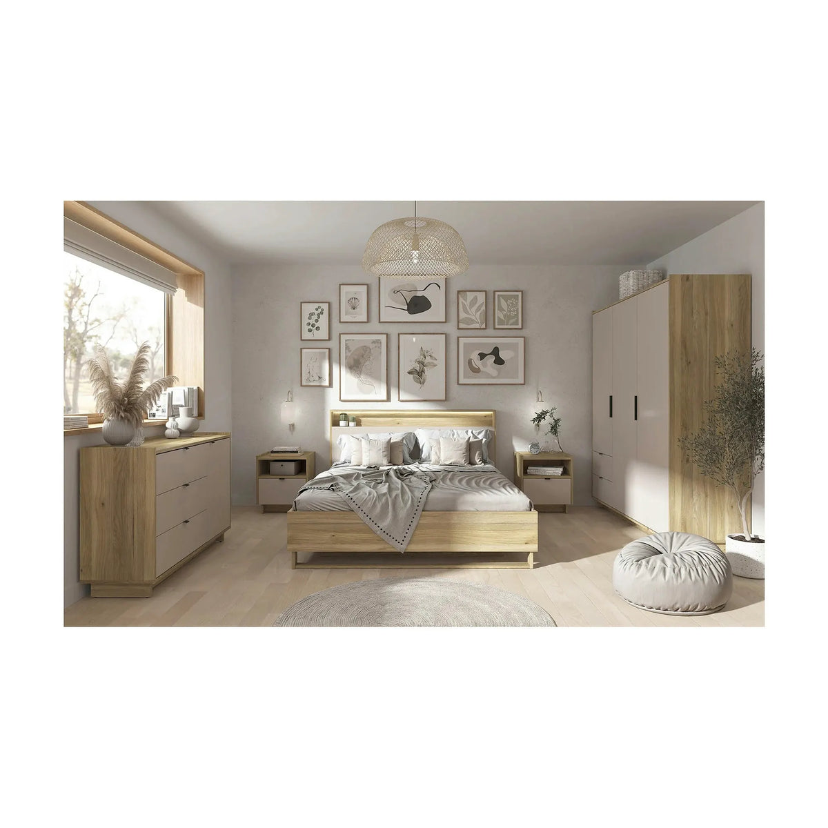 Set dormitor DALVA, stejar/casmir, pat 160x200, dulap cu 3 usi si 2 sertare, 2 noptiere si o comoda