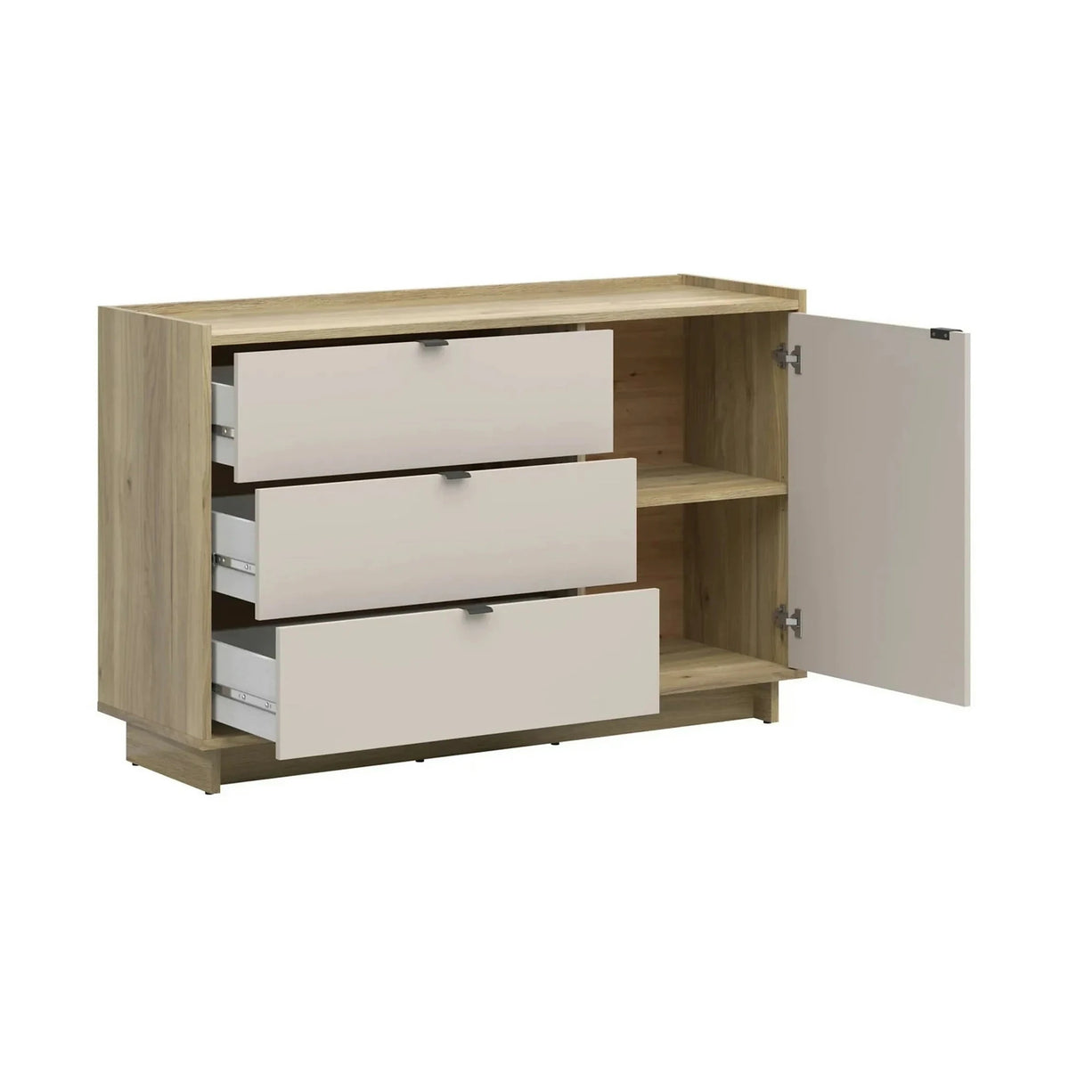 Set dormitor DALVA, stejar/casmir, pat 160x200, dulap cu 3 usi si 2 sertare, 2 noptiere si o comoda