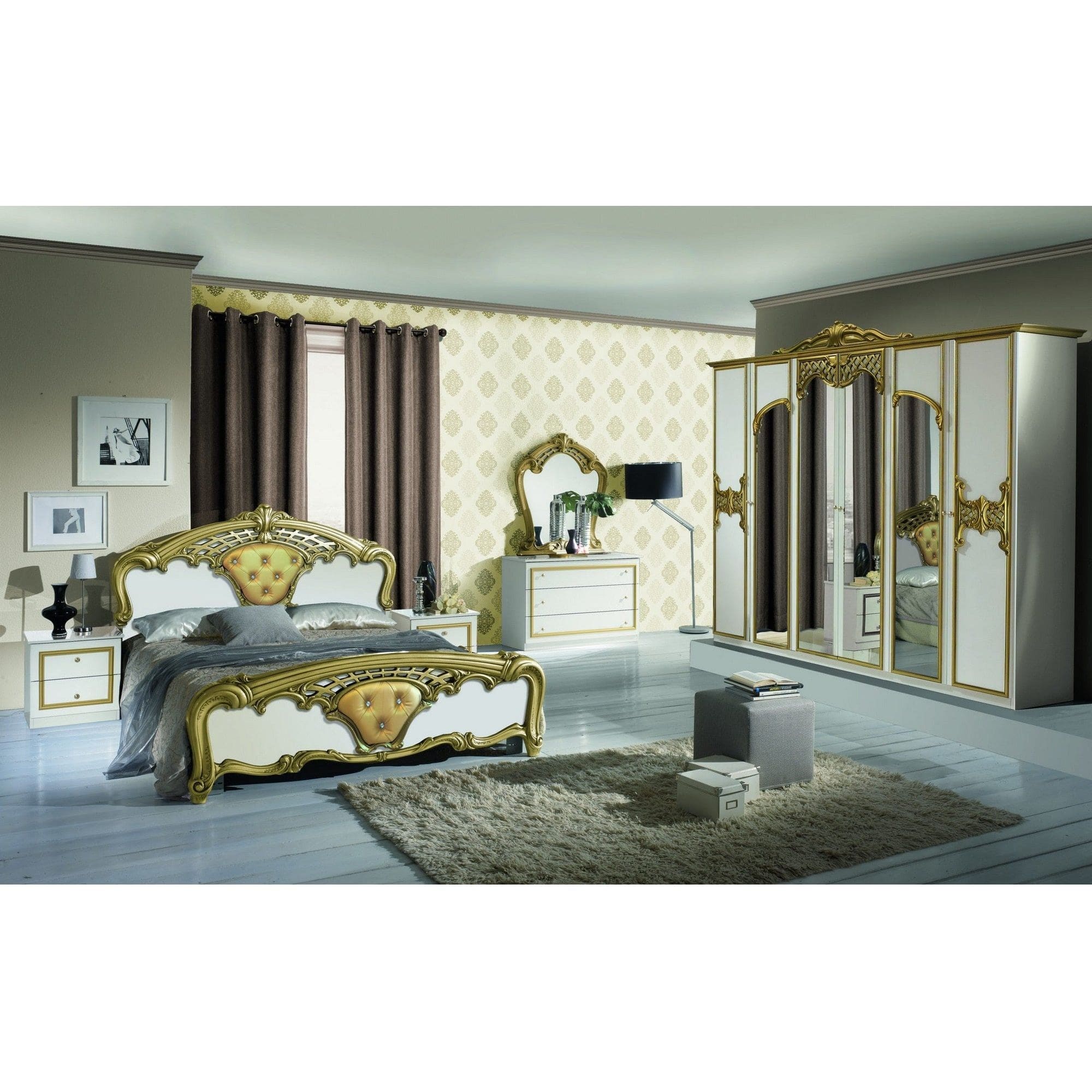 Set dormitor EVA, alb/auriu, pat 160x200 cm cu somiera fixa, dulap cu 6 usi, 2 noptiere, comoda si oglinda