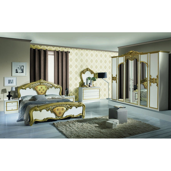 Set dormitor EVA, alb/auriu, pat 160x200 cm cu somiera fixa, dulap cu 6 usi, 2 noptiere, comoda si oglinda