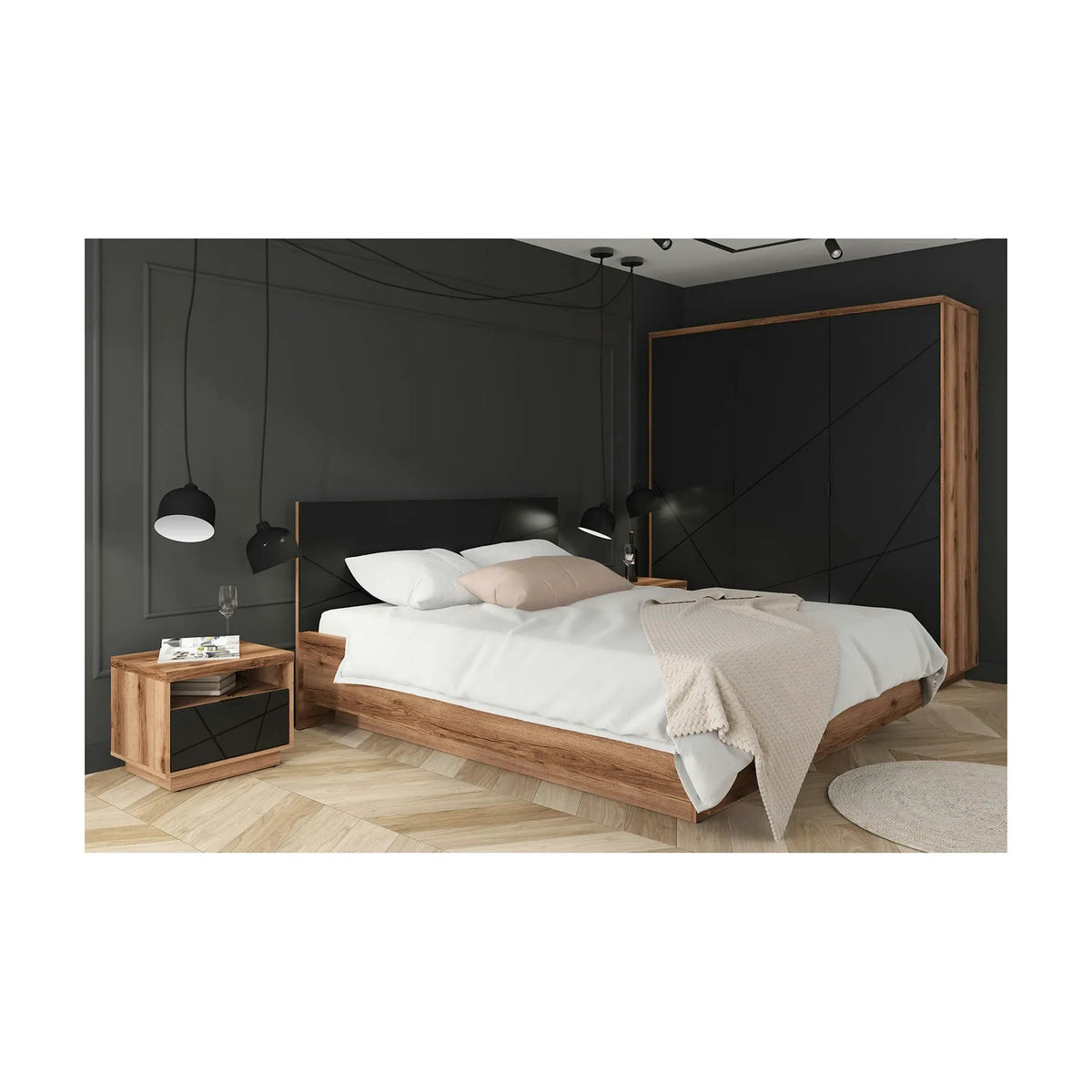 Set dormitor FORN, stejar inchis/negru mat, pat 160x200, dulap cu 3 usi si 2 noptiere