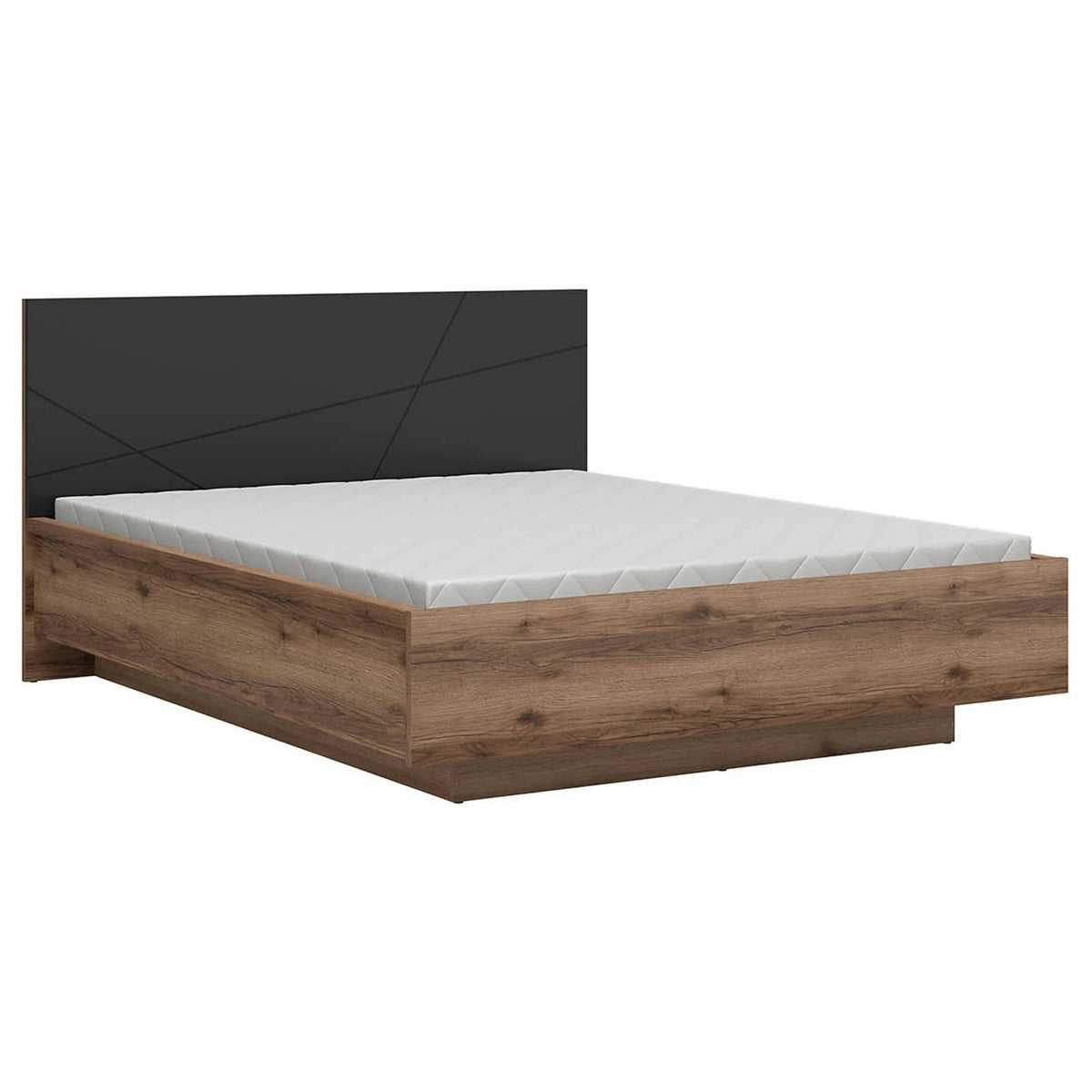 Set dormitor FORN, stejar inchis/negru mat, pat 160x200, dulap cu 3 usi si 2 noptiere