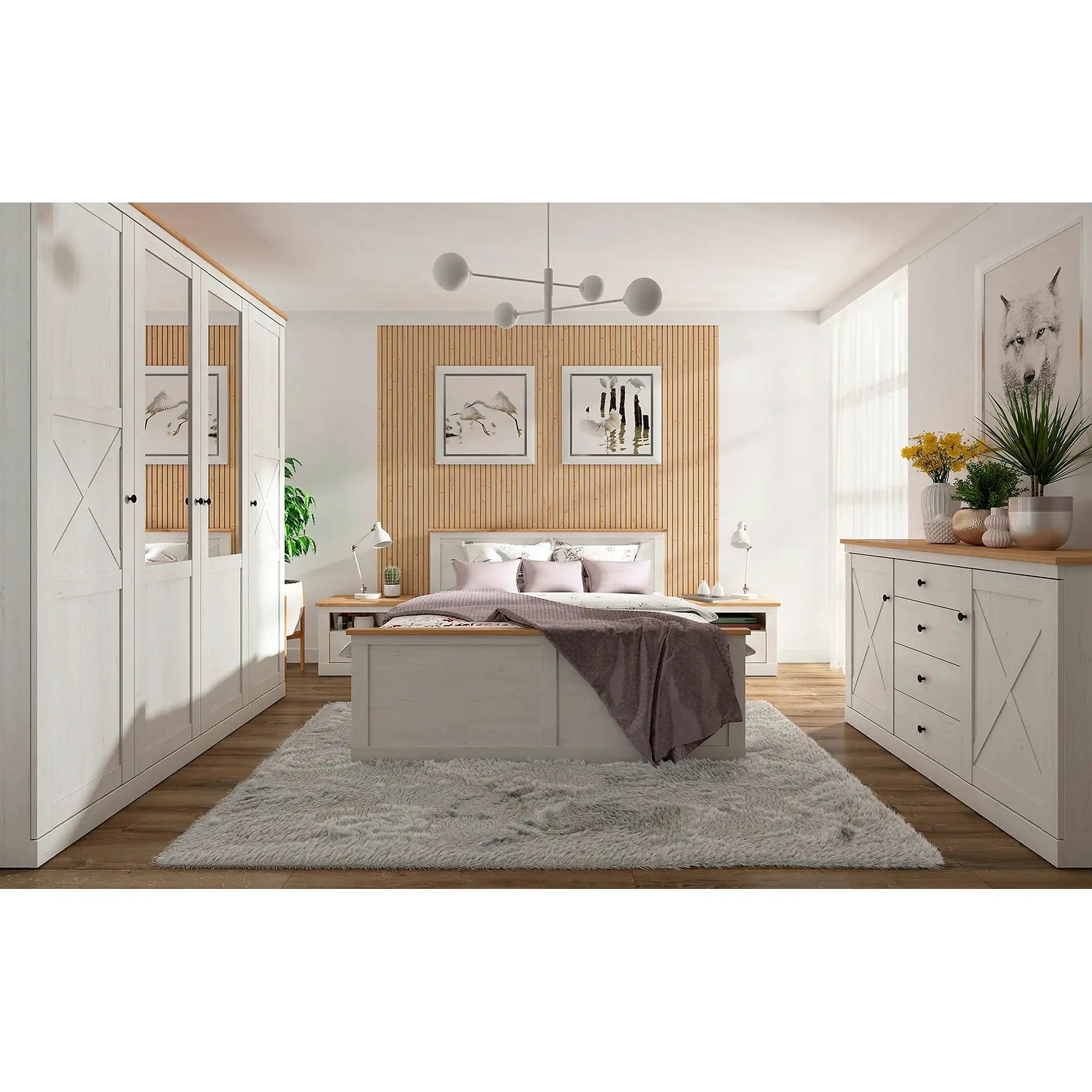 Set dormitor FRIJA, pin alb andersen/stejar artisan, pat 160x200, dulap cu 4 usi, 2 noptiere si comoda