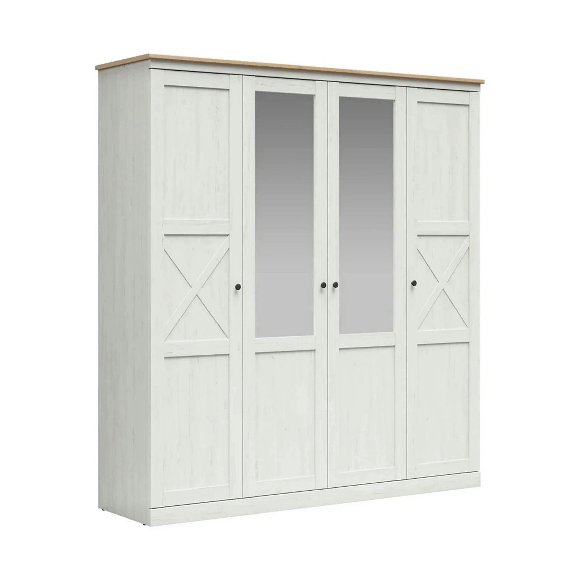 Set dormitor FRIJA, pin alb andersen/stejar artisan, pat 160x200, dulap cu 4 usi, 2 noptiere si comoda