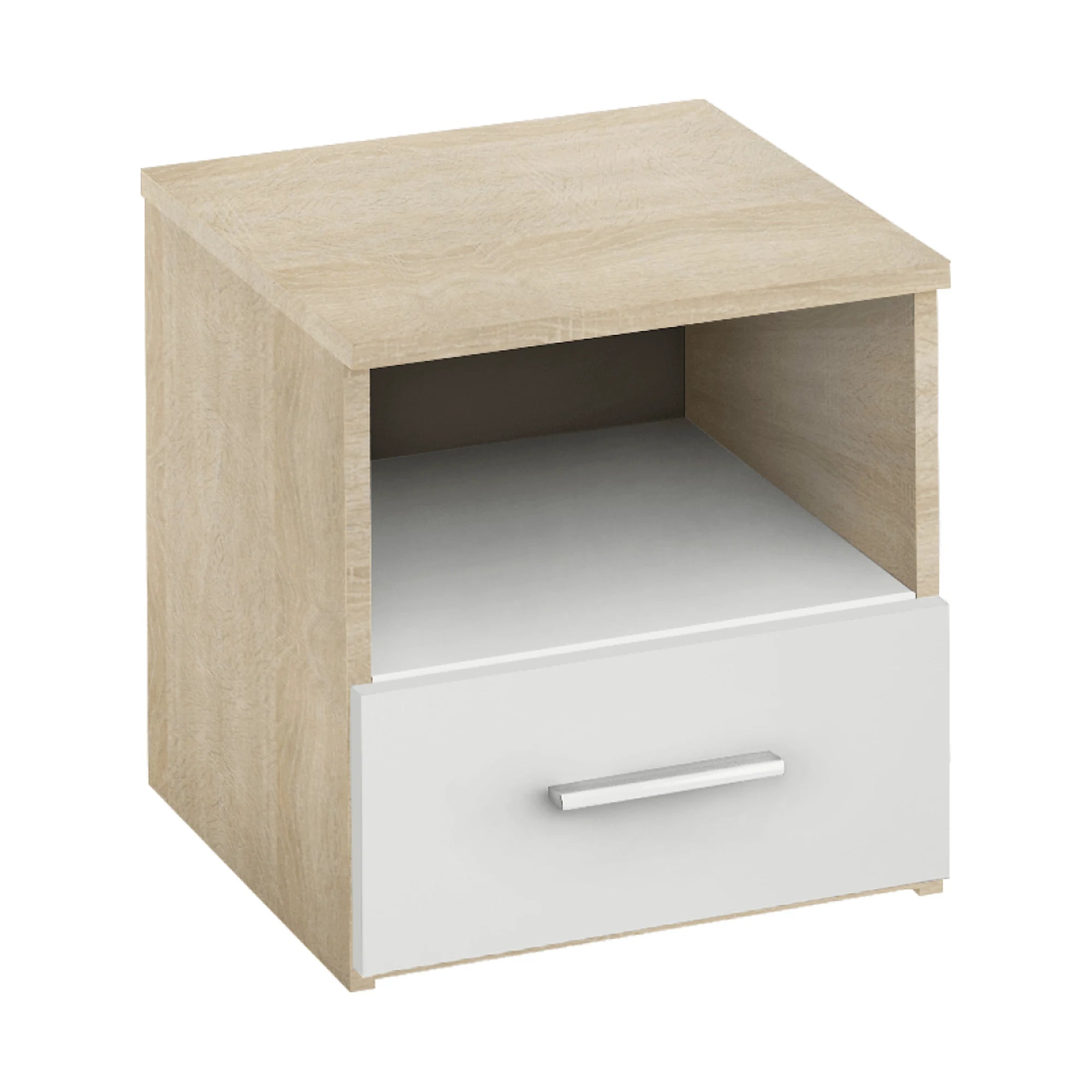 Set dormitor GABRIELA NEW, stejar sonoma/alb, DTD laminat/metal, cu pat 180x200 , dulap cu 2 usi si 2 noptiere